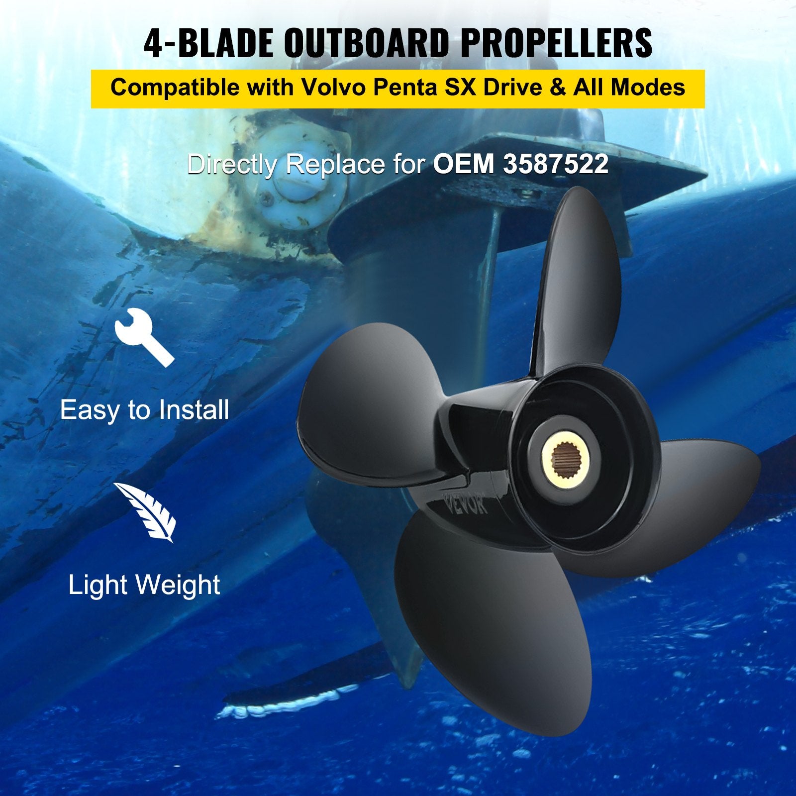 Outboard Propeller, Replace for OEM 3587522, 4-Blade 14 1/4"" x 19"" Pitch Aluminium Boat Propeller, Compatible with Volvo Penta SX Drive All Models, with 19 Tooth Splines, RH