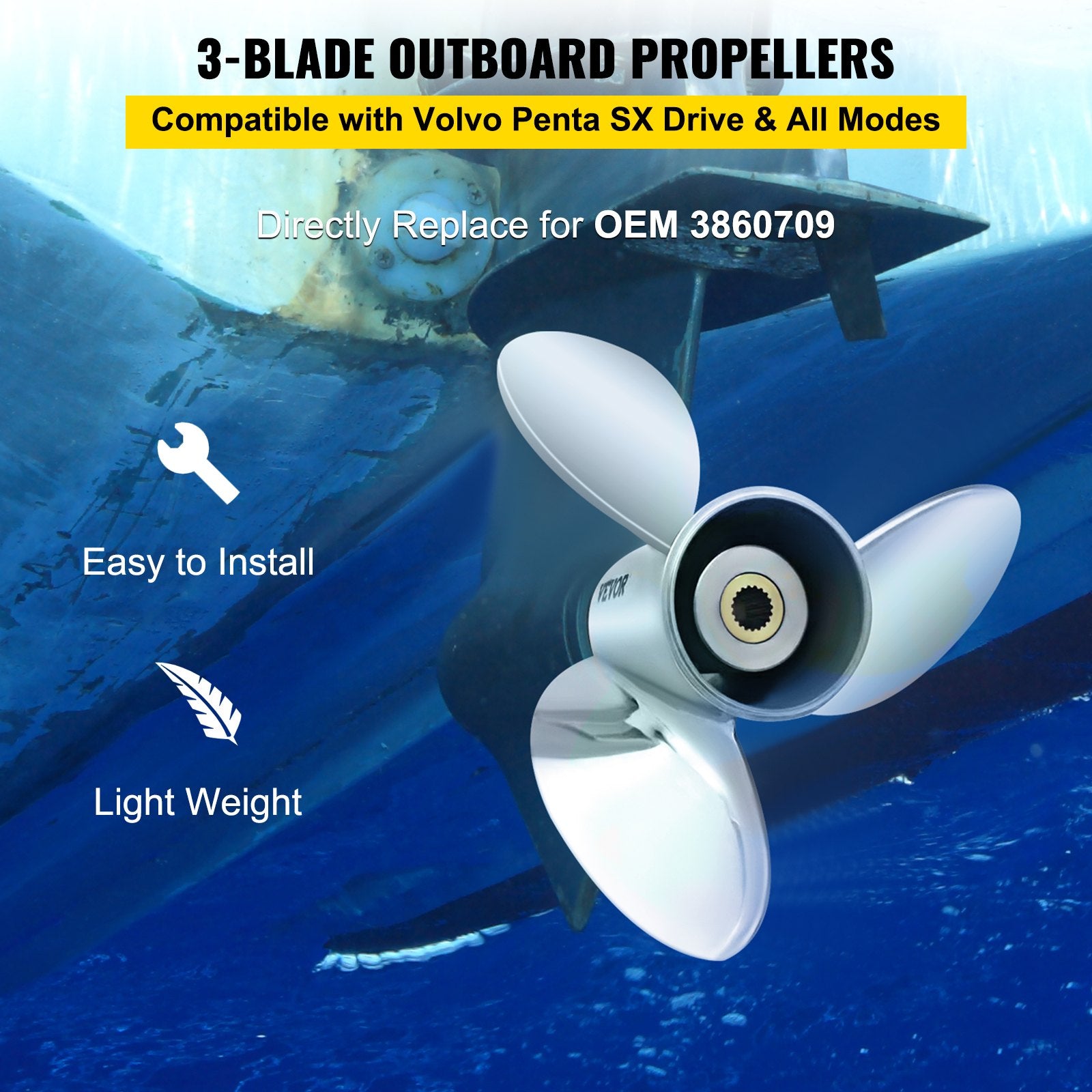 Outboard Propeller, Replace for OEM 3860709, 3-Blade 14.5"" x 21"" Pitch Steel Boat Propeller, Compatible with Volvo Penta SX Drive All Models, with 19 Tooth Splines, RH