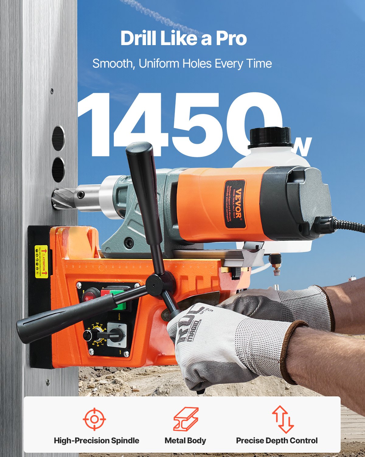 Magnetic Drill, 1450W Motor 1.6 in Boring Diameter, 2810 lbf Portable Electric Mag Drill Press, with 2 Coring Bits, Variable Speed, Drilling Machine for Metal Surface, Home Improvement Industry