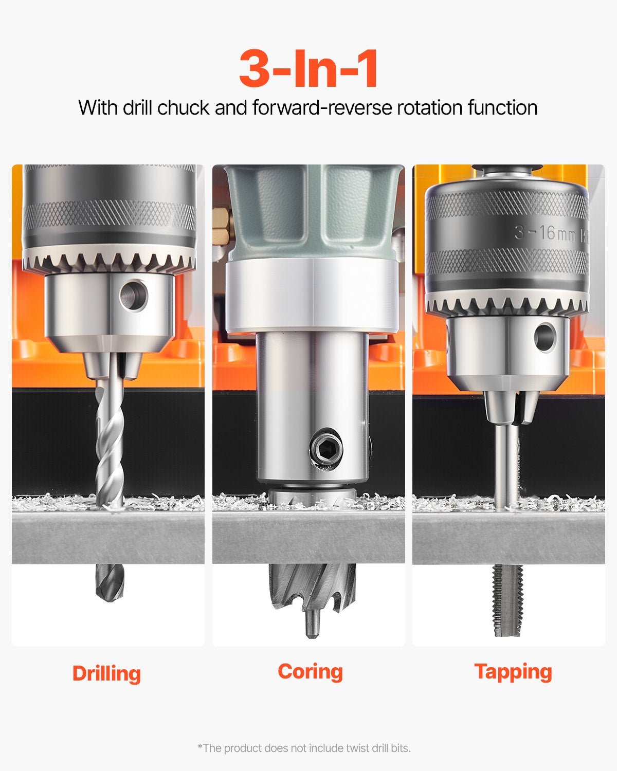 Magnetic Drill, 1450W Motor 1.6 in Boring Diameter, 2810 lbf Portable Electric Mag Drill Press, with 2 Coring Bits, Variable Speed, Drilling Machine for Metal Surface, Home Improvement Industry