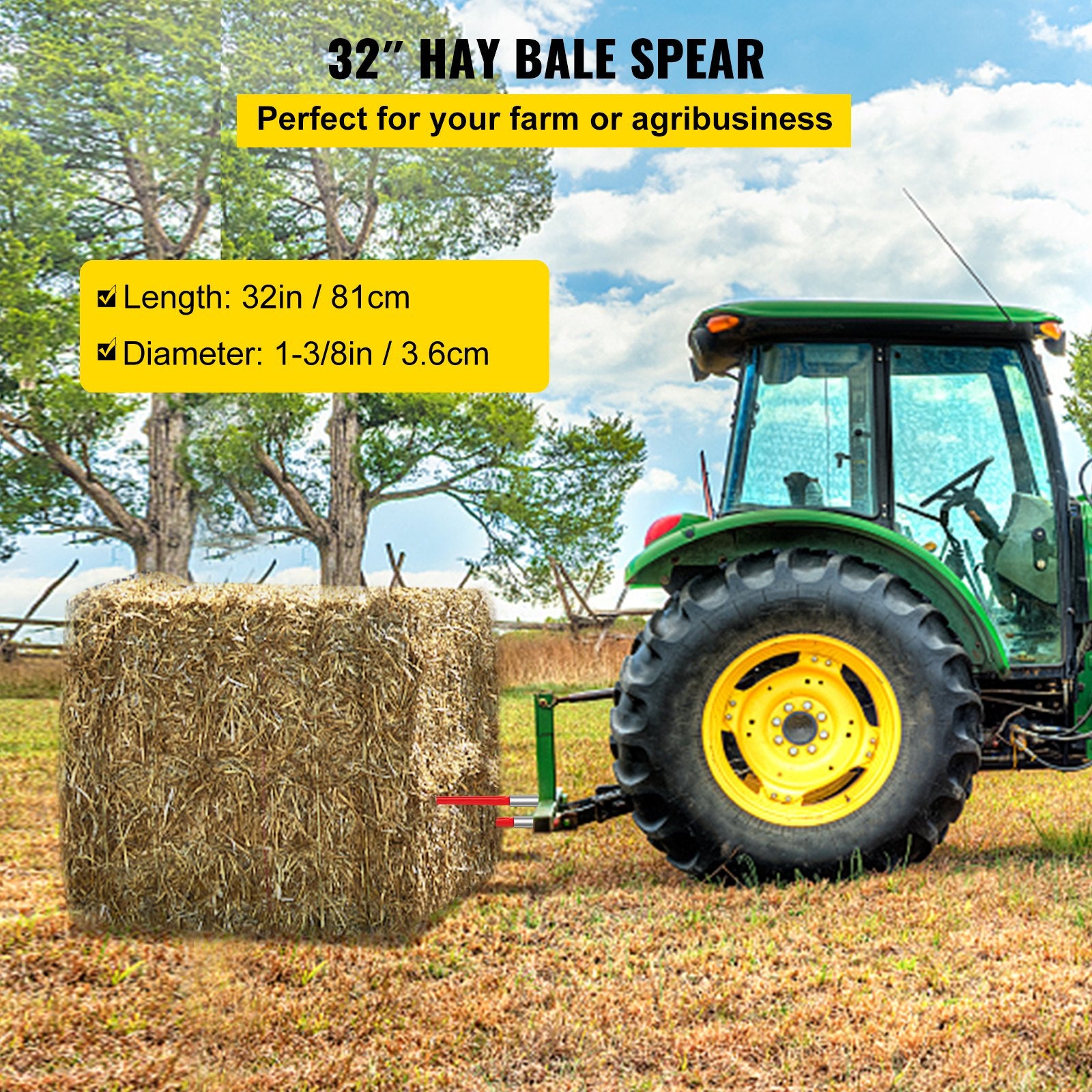 Gardening Accessories: VEVOR Hay Spear 32" Bale Spear 1350 lbs Capacity, Bale Spike Quick Attach Square Hay Bale Spears 1.4" Wide, Red Coated Bale Forks, Bale Hay Spike with Hex Nut & Sleeve for Buckets Tractors Loaders