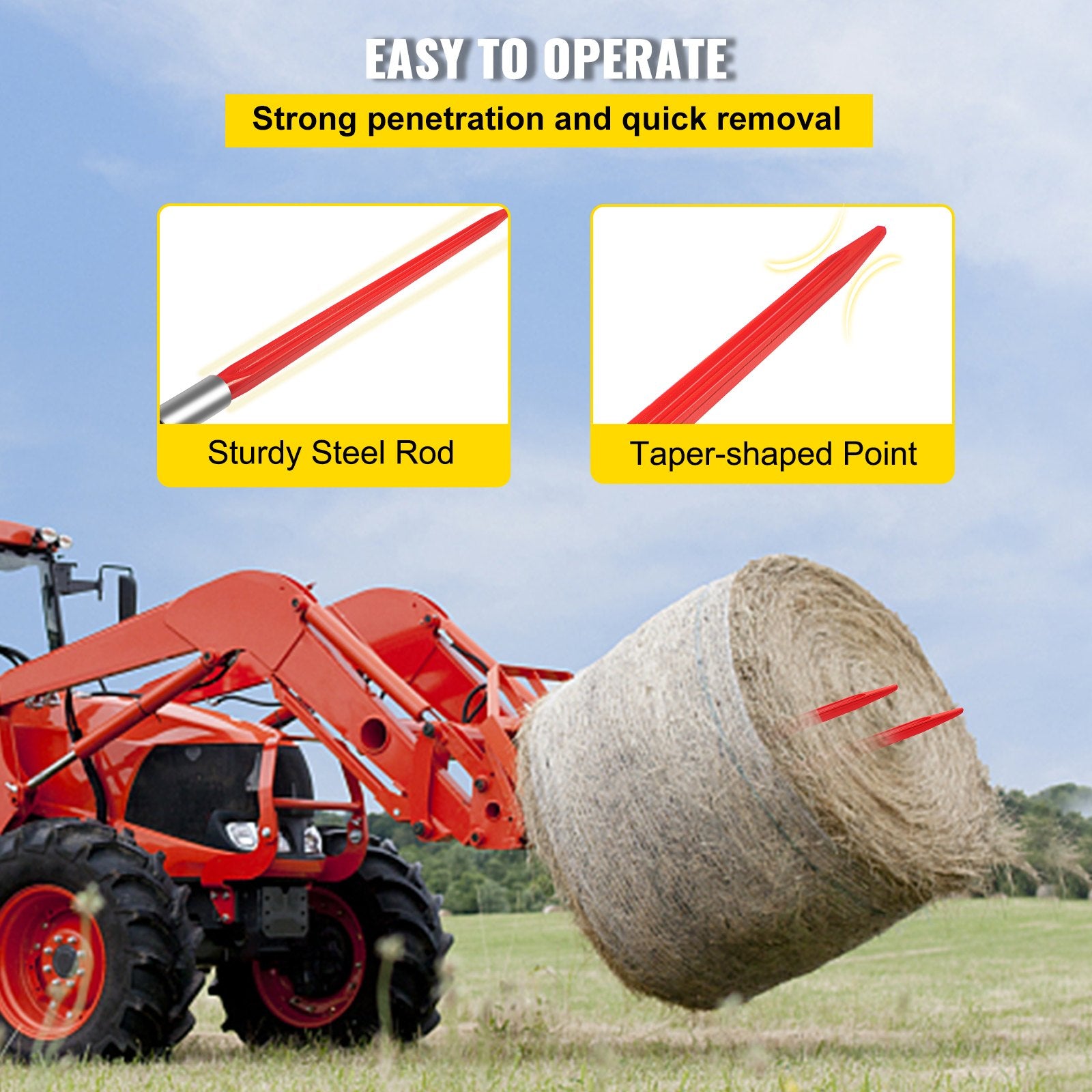 Gardening Accessories: VEVOR Hay Spear 32" Bale Spear 1350 lbs Capacity, Bale Spike Quick Attach Square Hay Bale Spears 1.4" Wide, Red Coated Bale Forks, Bale Hay Spike with Hex Nut & Sleeve for Buckets Tractors Loaders