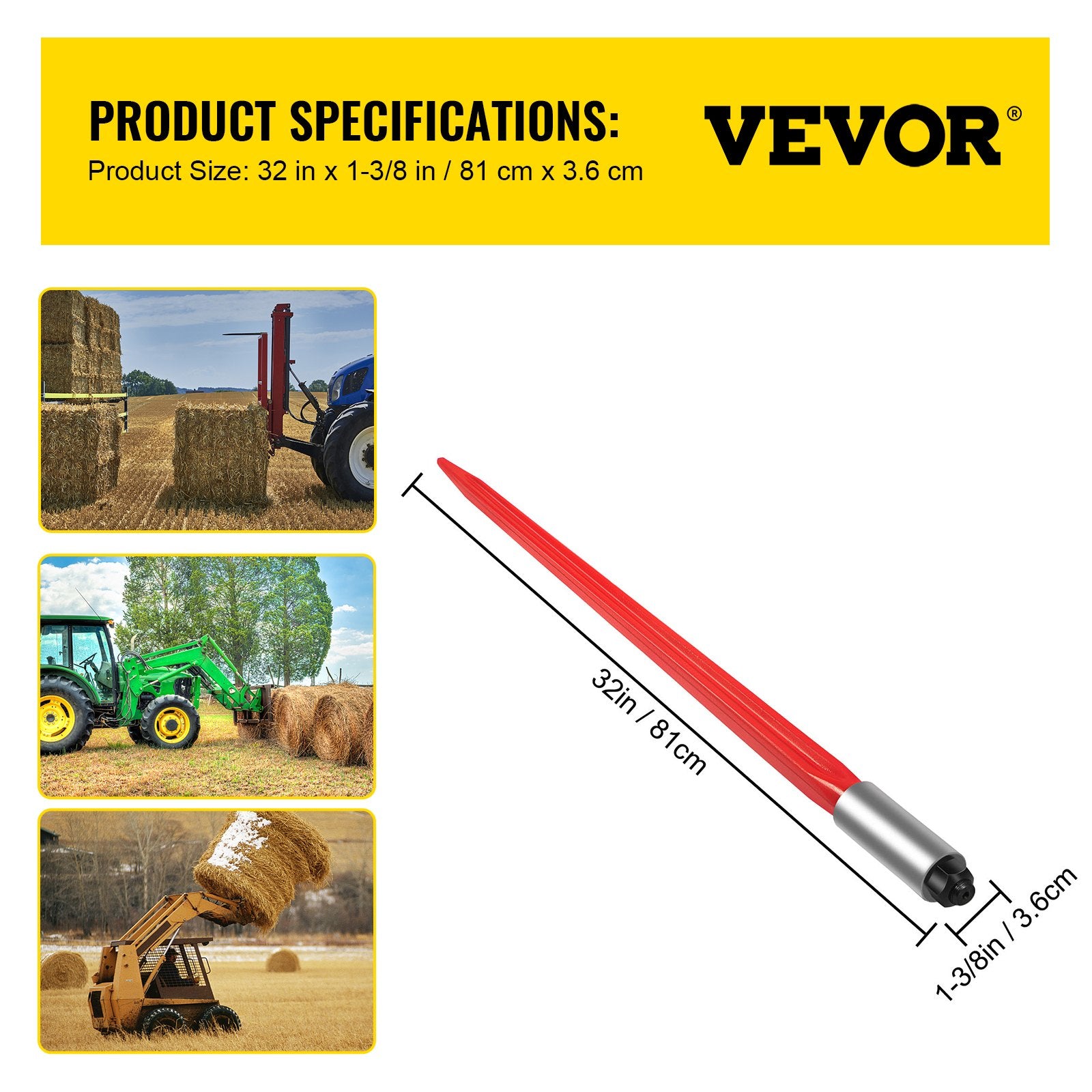 Gardening Accessories: VEVOR Hay Spear 32" Bale Spear 1350 lbs Capacity, Bale Spike Quick Attach Square Hay Bale Spears 1.4" Wide, Red Coated Bale Forks, Bale Hay Spike with Hex Nut & Sleeve for Buckets Tractors Loaders