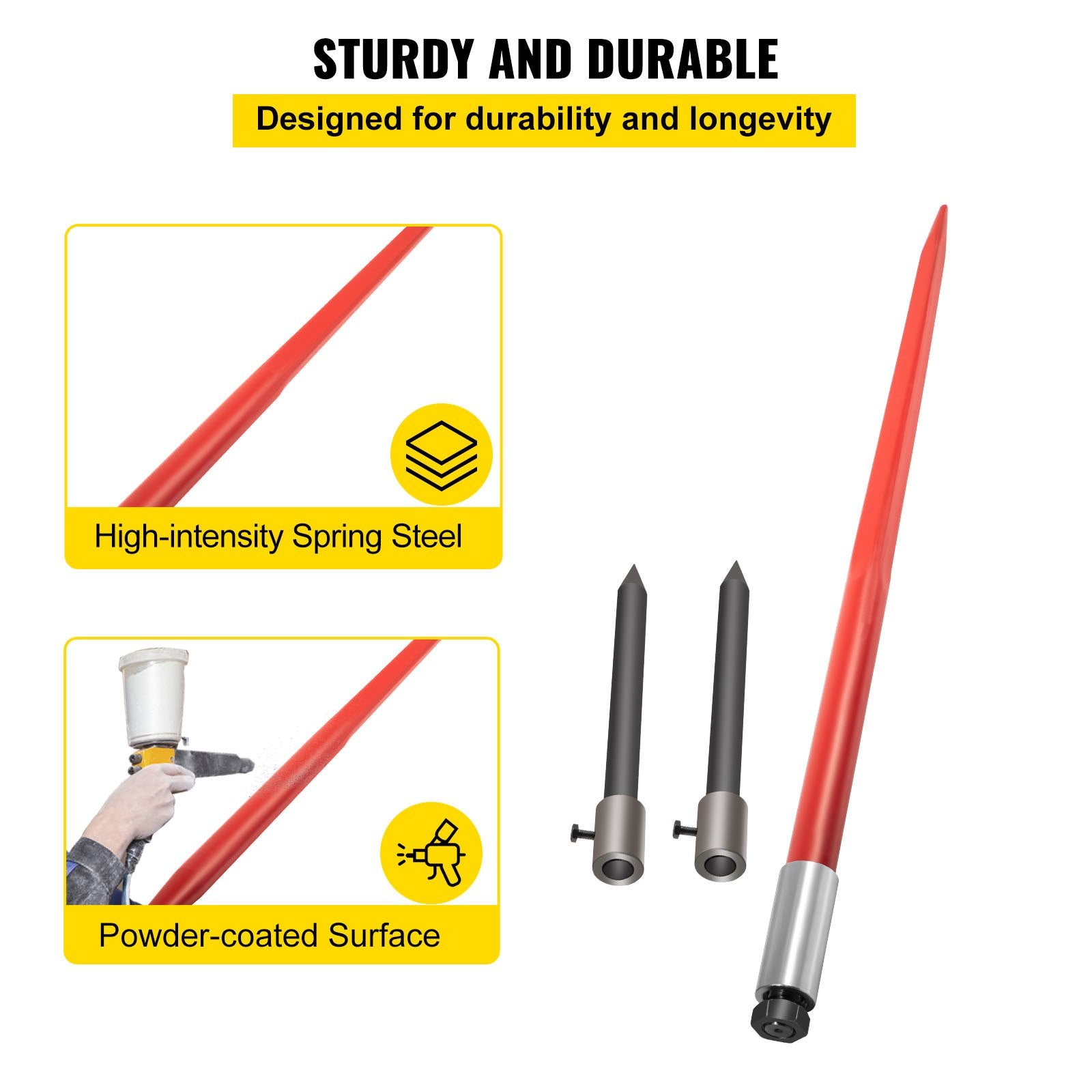 Gardening Accessories: VEVOR Hay Spear 49" Bale Spear 3000 lbs Capacity, Bale Spike Quick Attach Square Hay Bale Spears, Red Coated Bale Forks, Bale Hay Spike with 2 Stabilizer Spears