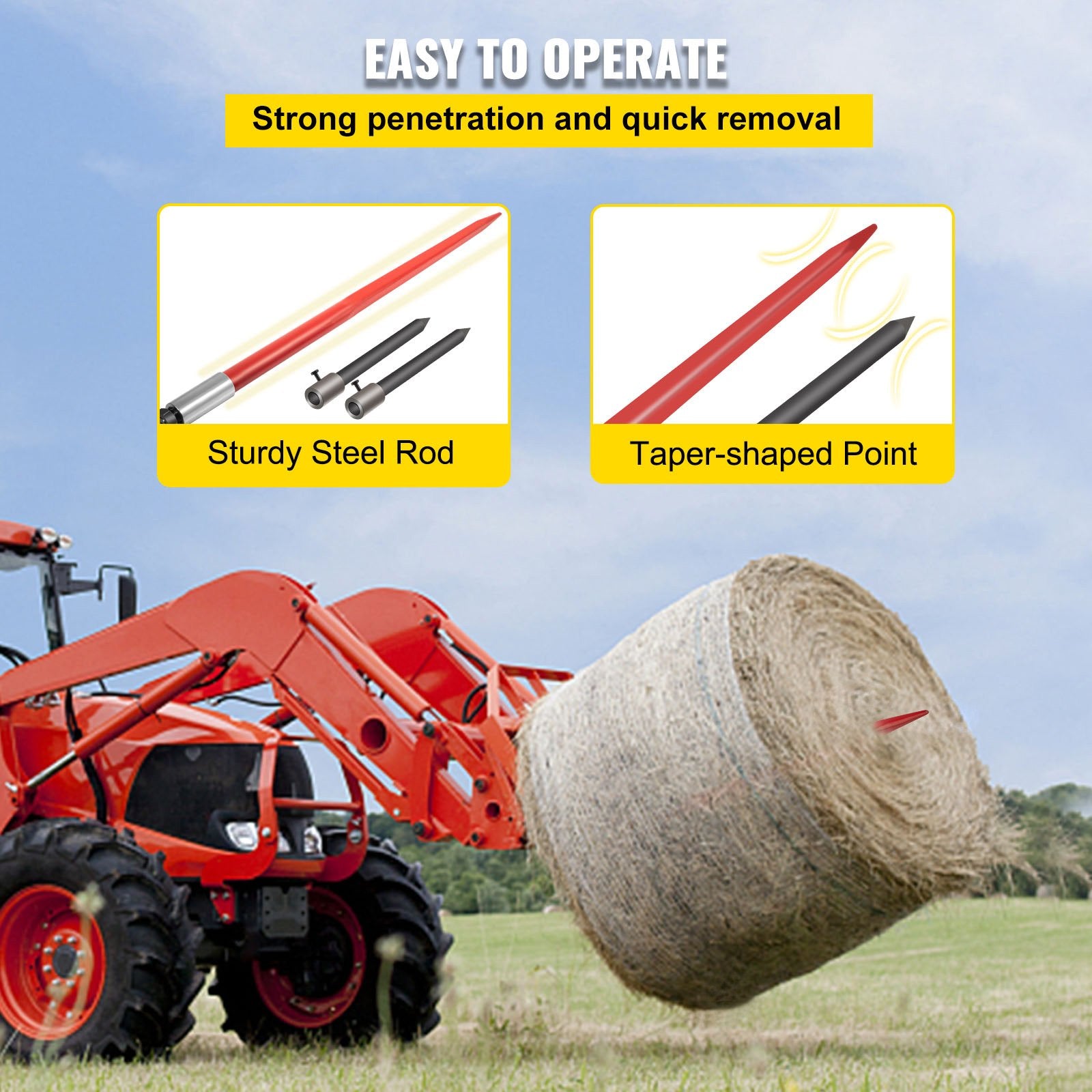 Gardening Accessories: VEVOR Hay Spear 49" Bale Spear 3000 lbs Capacity, Bale Spike Quick Attach Square Hay Bale Spears, Red Coated Bale Forks, Bale Hay Spike with 2 Stabilizer Spears