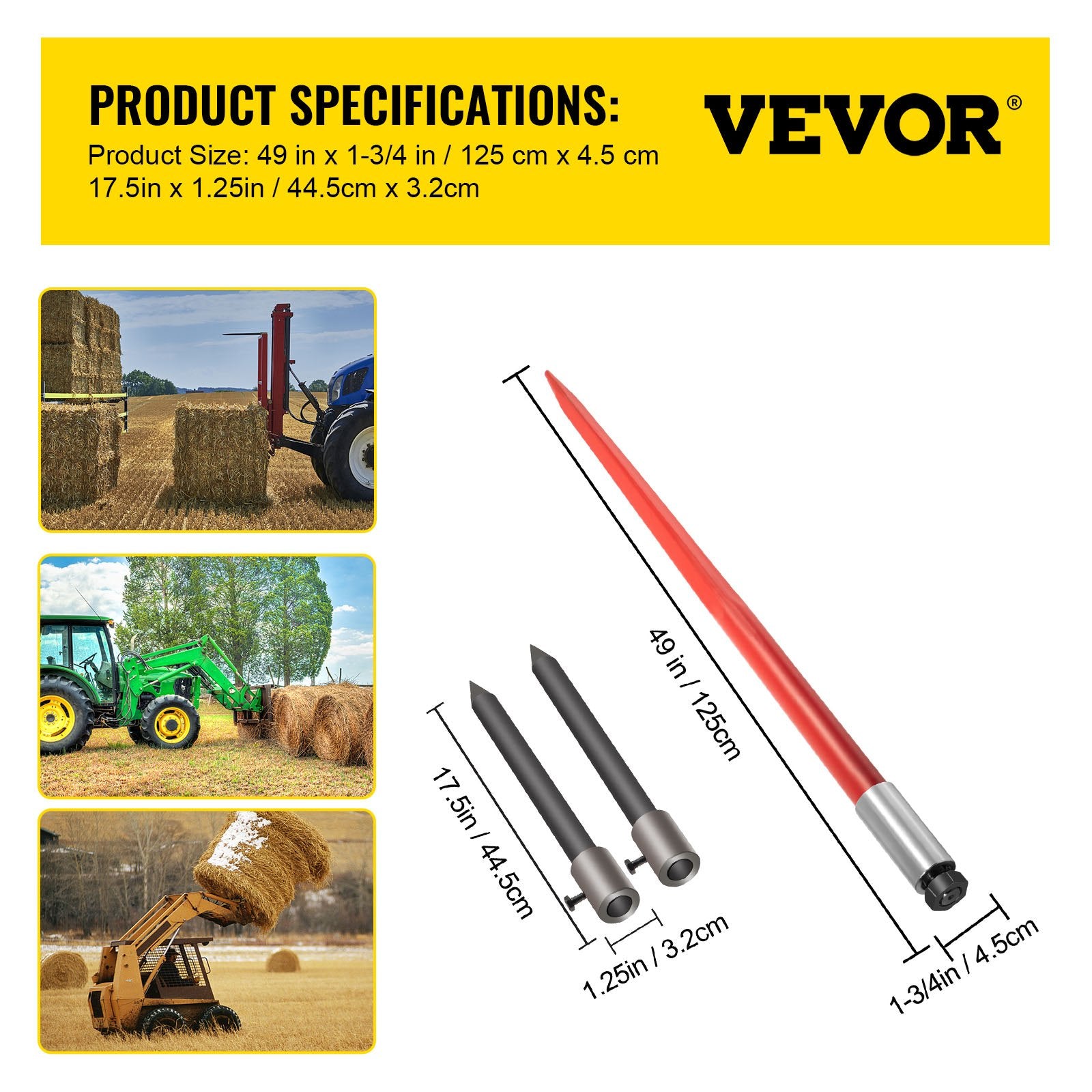Gardening Accessories: VEVOR Hay Spear 49" Bale Spear 3000 lbs Capacity, Bale Spike Quick Attach Square Hay Bale Spears, Red Coated Bale Forks, Bale Hay Spike with 2 Stabilizer Spears