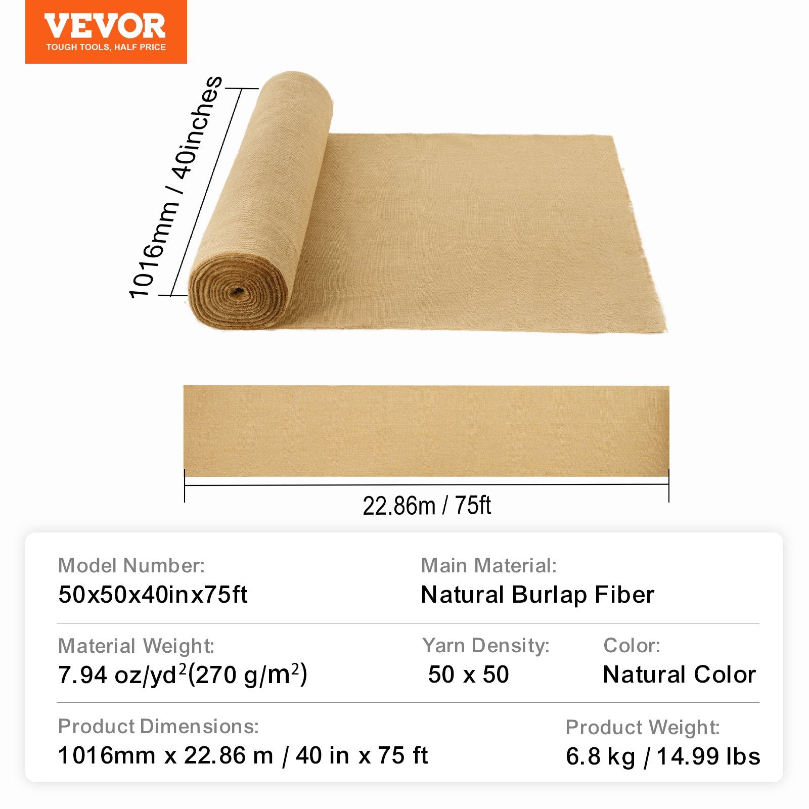 Laundry Cleaning Supplies: VEVOR Burlap Fabric Roll, 1016 mm x 22.86 m & 50 x 50 Density Wide Natural Burlap Fabric Rolls, Jute Fabric Burlap Tree Wrap Roll, for Decor, Crafts, Wedding, Gardening, Plant & Tree Winter Covering