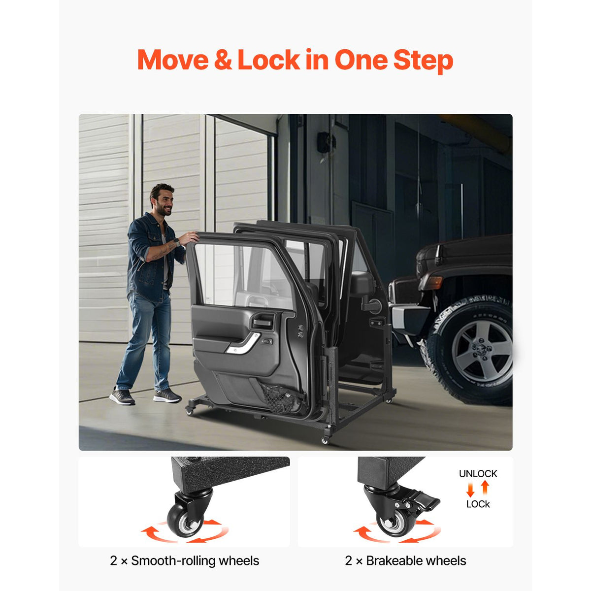 Jeep Door Storage Cart, 4 Doors Moveable Storage Cart Rack with Thickened Rubber Cushion, Sturdy Car Door Holder Cart Fit for Jeep Wrangler JK JKU JL Gladiator