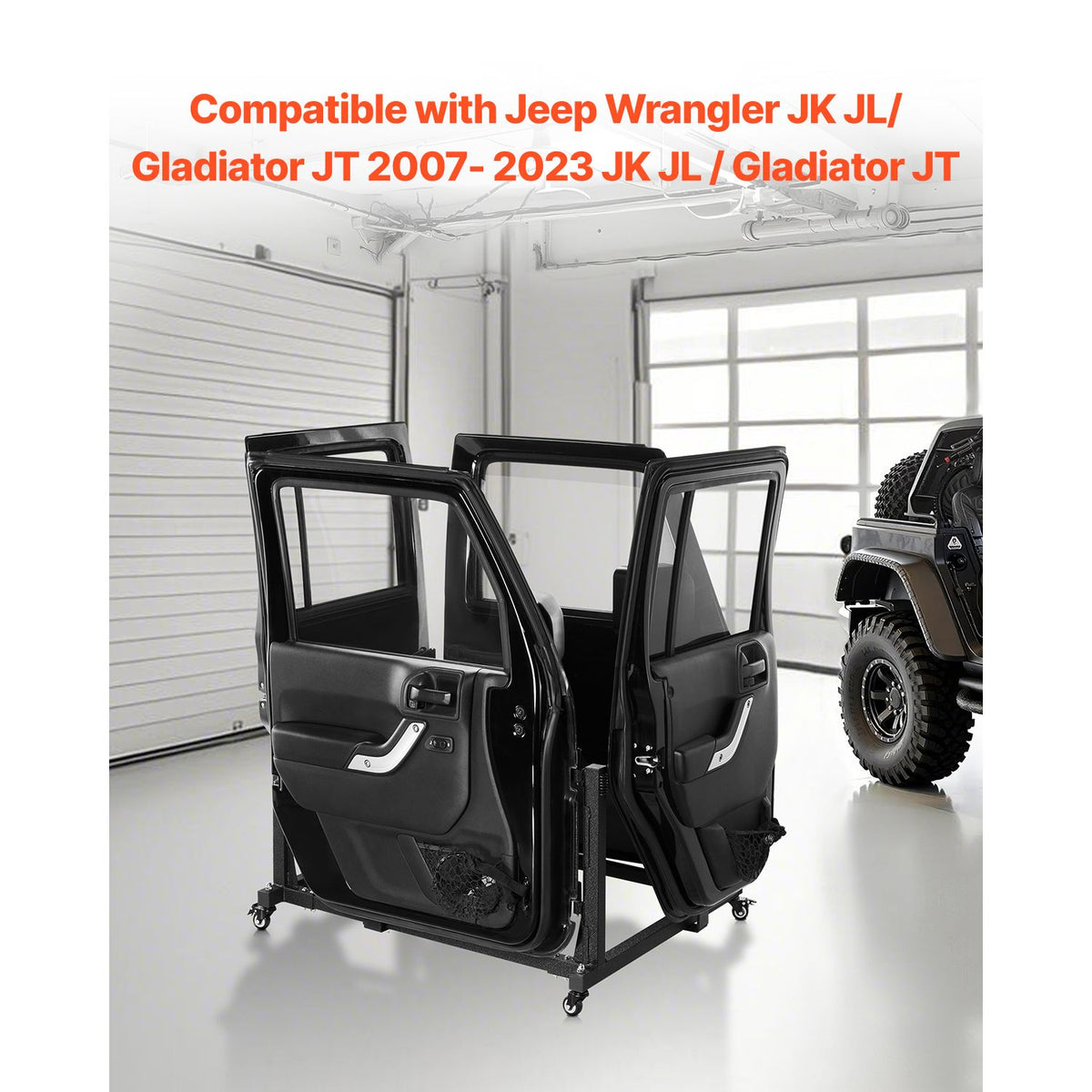 Jeep Door Storage Cart, 4 Doors Moveable Storage Cart Rack with Thickened Rubber Cushion, Sturdy Car Door Holder Cart Fit for Jeep Wrangler JK JL/Gladiator JT 2007- 2023 JK JL / Gladiator JT