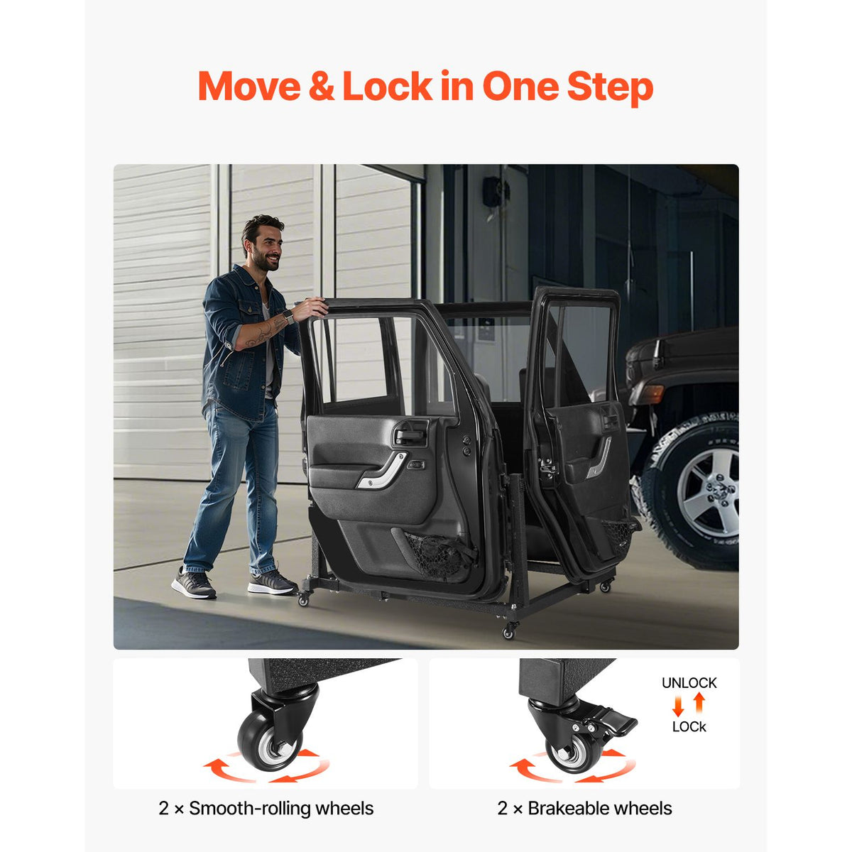 Jeep Door Storage Cart, 4 Doors Moveable Storage Cart Rack with Thickened Rubber Cushion, Sturdy Car Door Holder Cart Fit for Jeep Wrangler JK JL/Gladiator JT 2007- 2023 JK JL / Gladiator JT