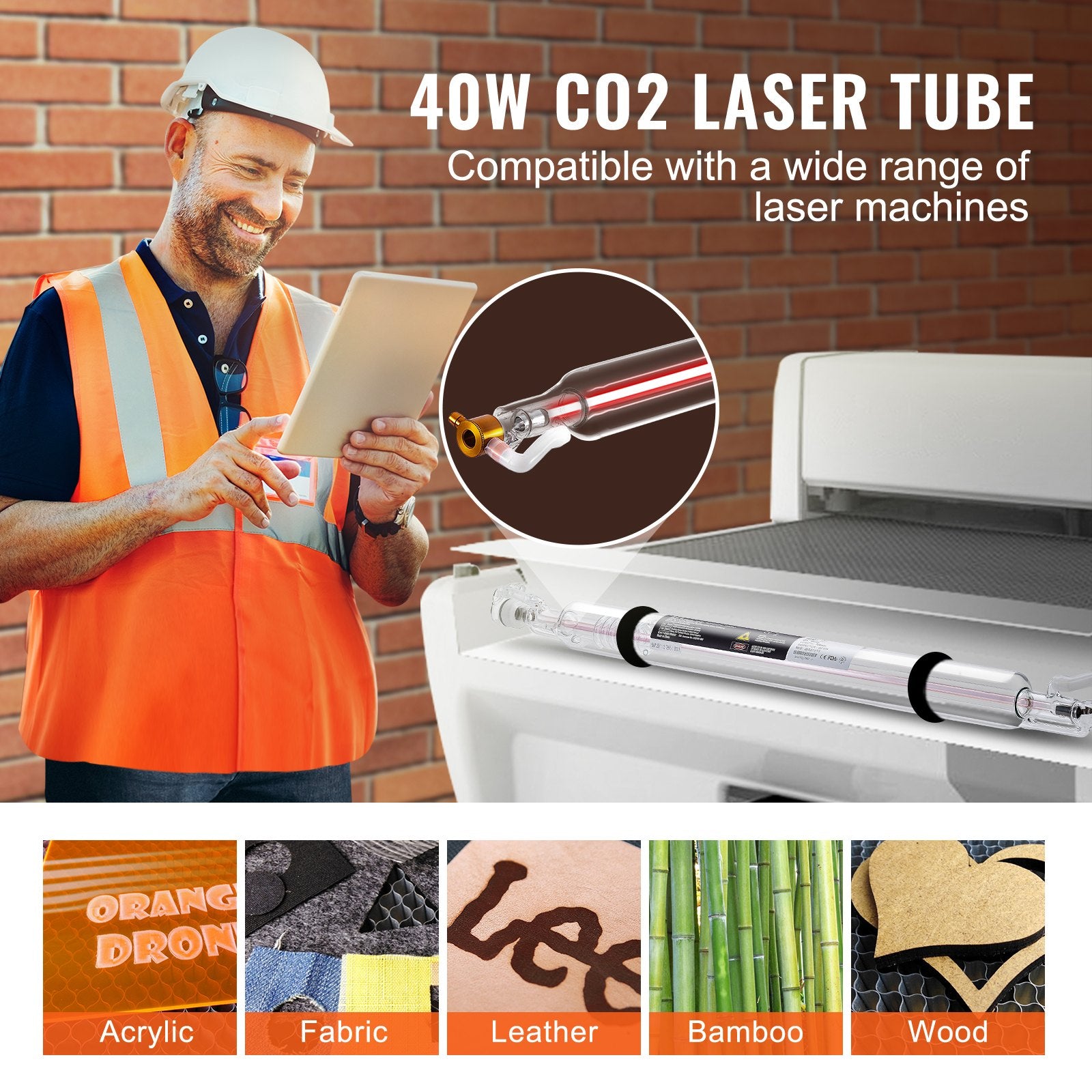Saw Accessories: VEVOR Laser Tube, 40W CO2 Laser Tube for Laser Engraver and Cutter Machine, 720 mm Length, 50 mm Diameter, Glass Laser Cutting Tube with TEM00 Beam Mode, for Wood Acrylic Fabric Leather Bamboo