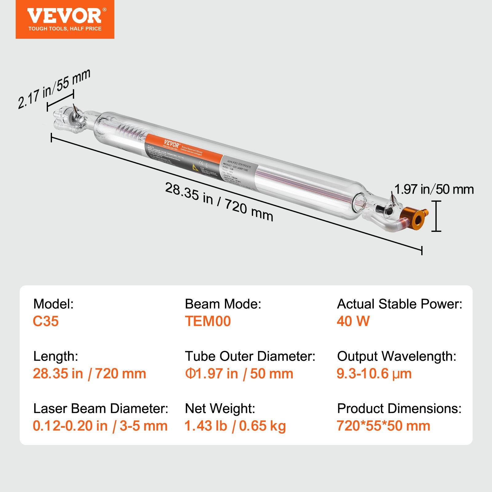 Saw Accessories: VEVOR Laser Tube, 40W CO2 Laser Tube for Laser Engraver and Cutter Machine, 720 mm Length, 50 mm Diameter, Glass Laser Cutting Tube with TEM00 Beam Mode, for Wood Acrylic Fabric Leather Bamboo