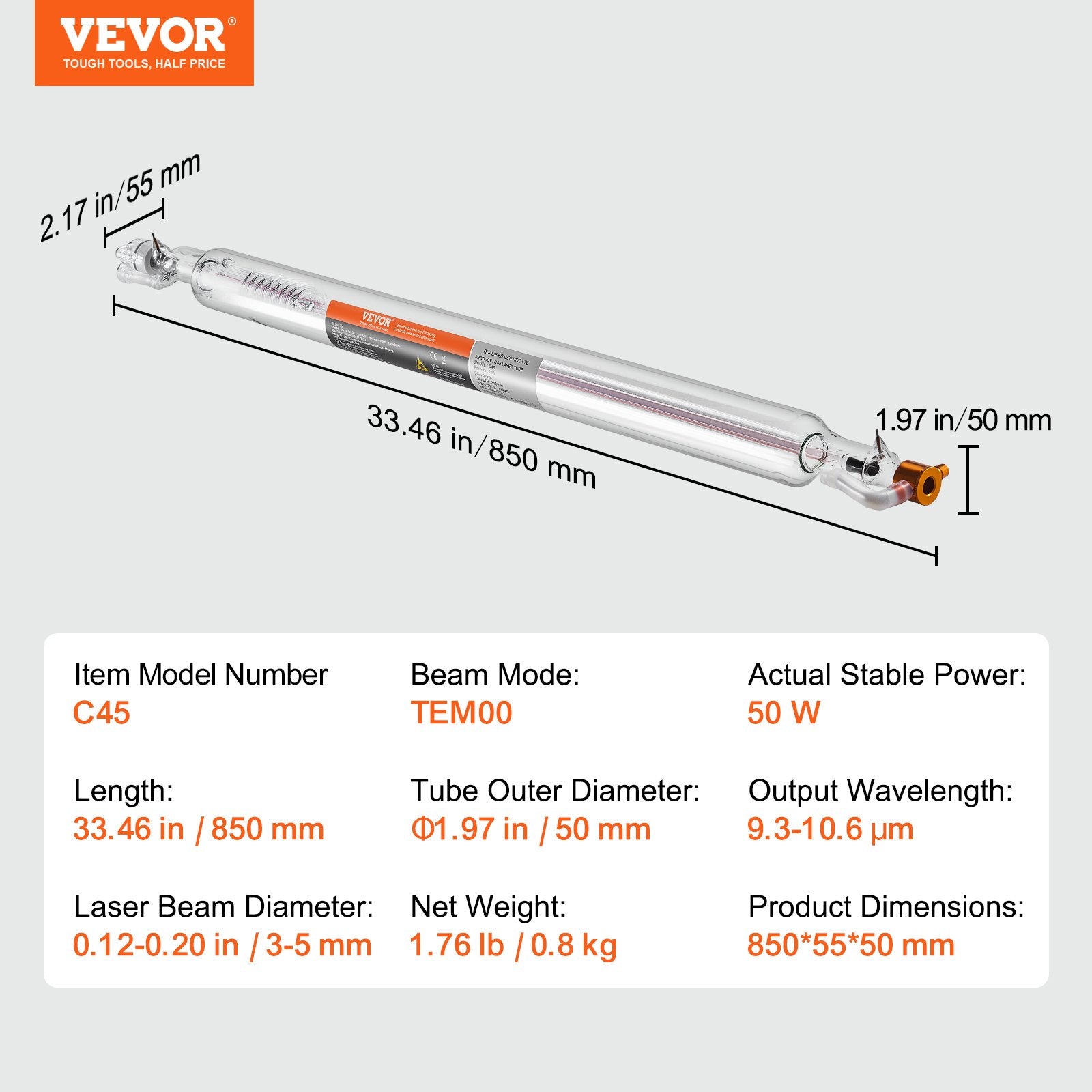 Saw Accessories: VEVOR Laser Tube, 50W CO2 Laser Tube for Laser Engraver and Cutter Machine, 850 mm Length, 50 mm Diameter, Glass Laser Cutting Tube with TEM00 Beam Mode, for Wood Acrylic Fabric Leather Bamboo