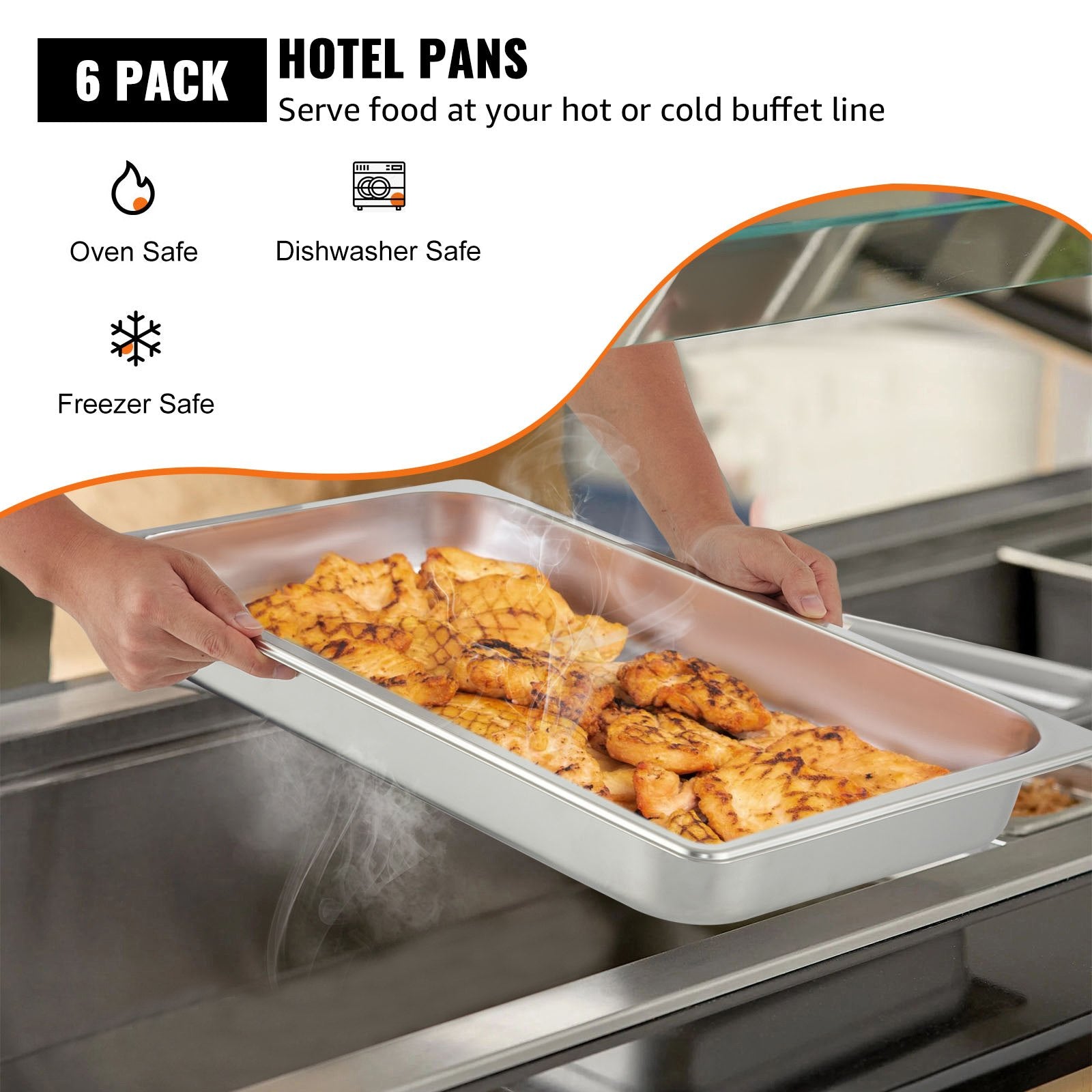 Food Warmers & Chafing Dishes: VEVOR Hotel Pans Full Size 2.5 Inch Deep, Steam Table Pan 6 Pack , 22 Gauge/0.8mm Thick Stainless Steel Hotel Pan Anti Jam Steam Table Pan