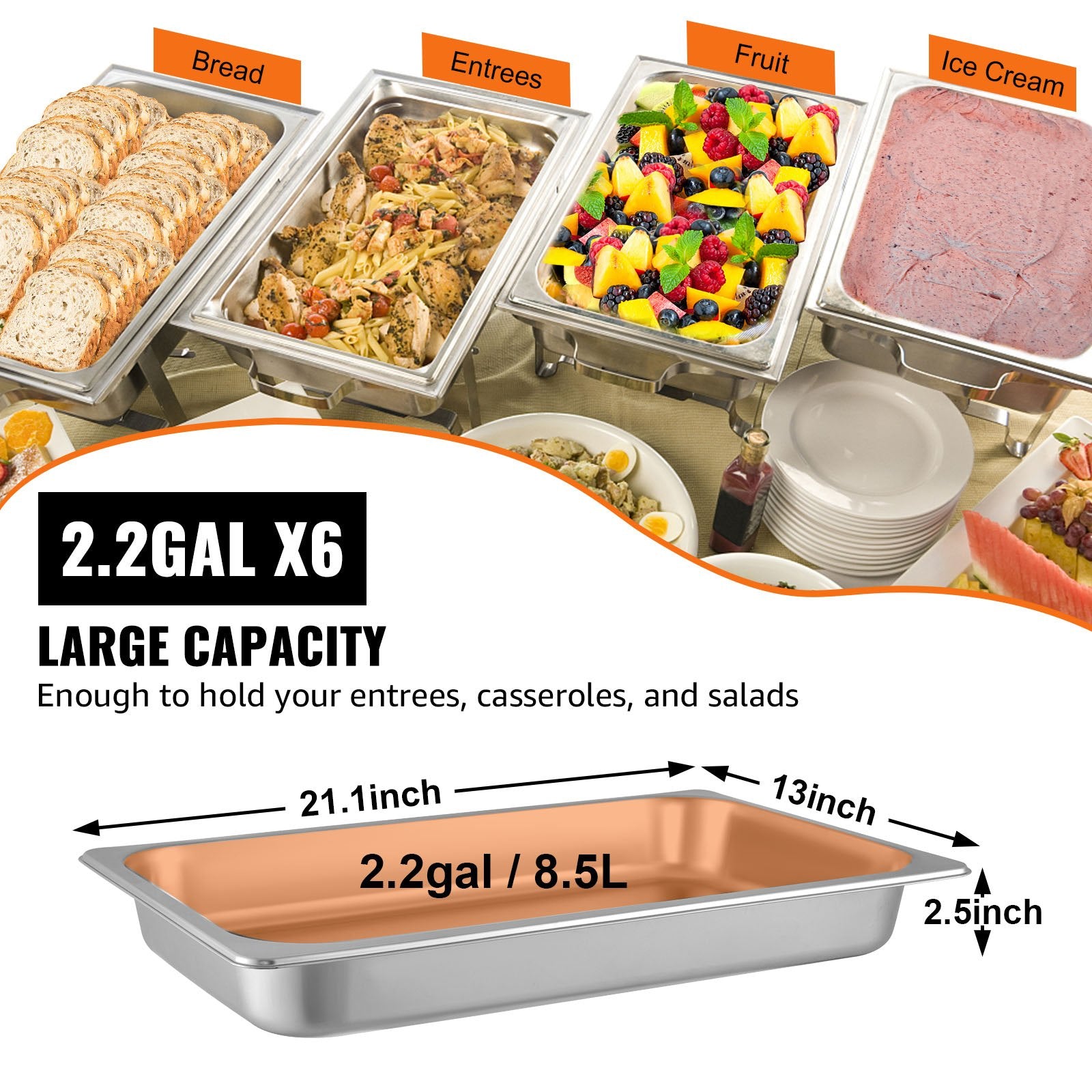 Food Warmers & Chafing Dishes: VEVOR Hotel Pans Full Size 2.5 Inch Deep, Steam Table Pan 6 Pack , 22 Gauge/0.8mm Thick Stainless Steel Hotel Pan Anti Jam Steam Table Pan