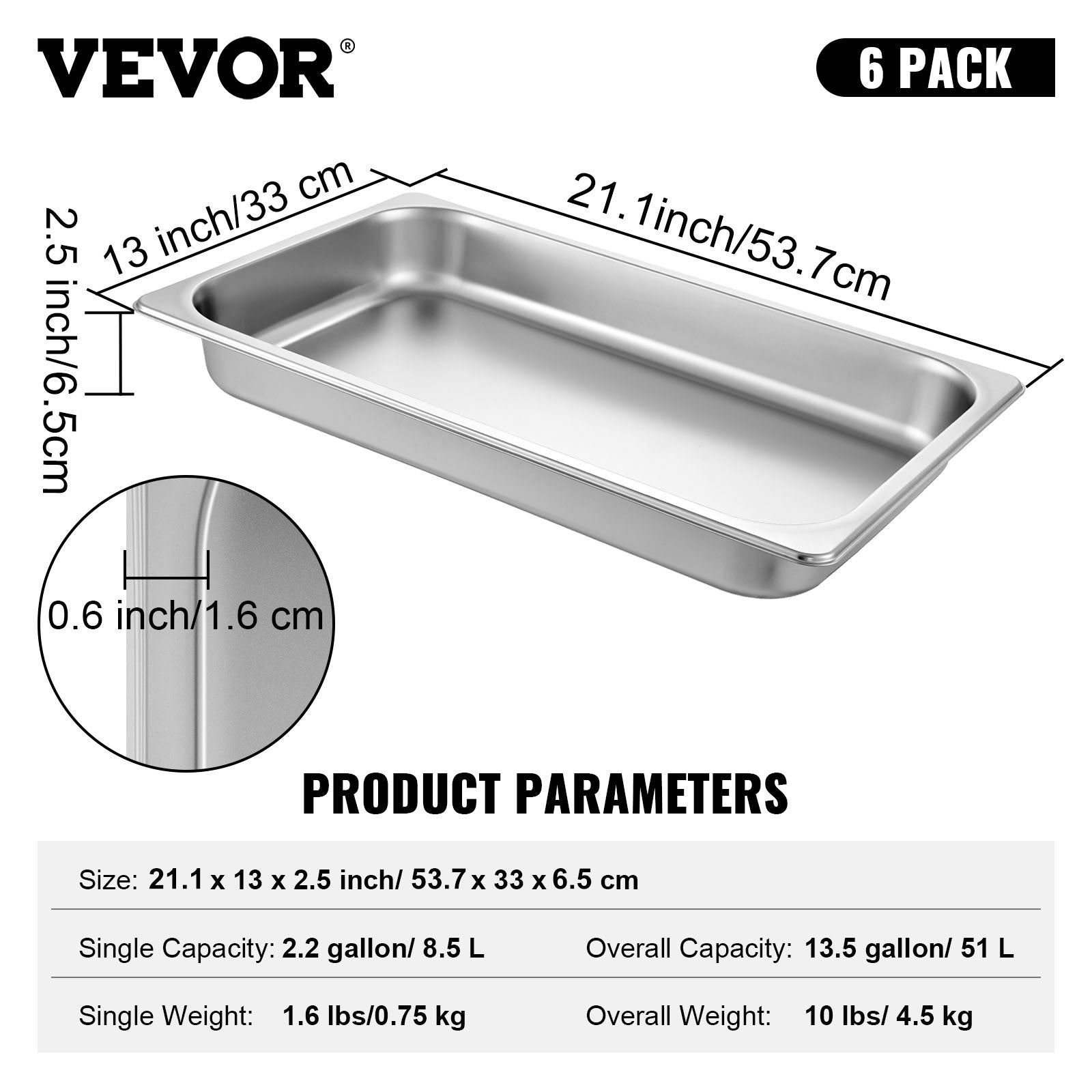 Food Warmers & Chafing Dishes: VEVOR Hotel Pans Full Size 2.5 Inch Deep, Steam Table Pan 6 Pack , 22 Gauge/0.8mm Thick Stainless Steel Hotel Pan Anti Jam Steam Table Pan