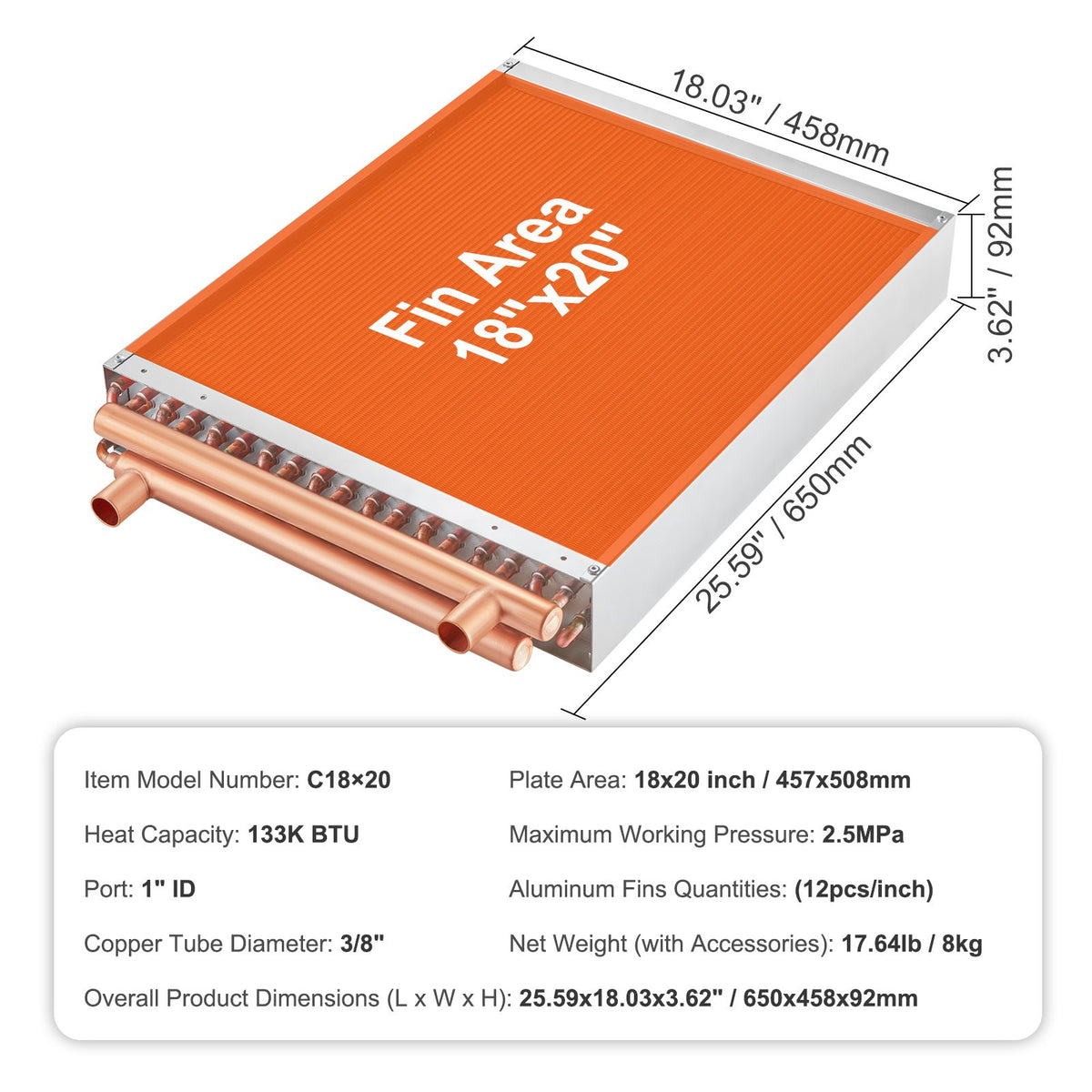 Heat Exchanger Water to Air, 18"x 20" with 3-Row 3/8" Copper Ports, 242 Aluminum Fins Heat Exchanger for Outdoor Wood Furnaces, Residential Heating and Cooling, and Forced Air Heating