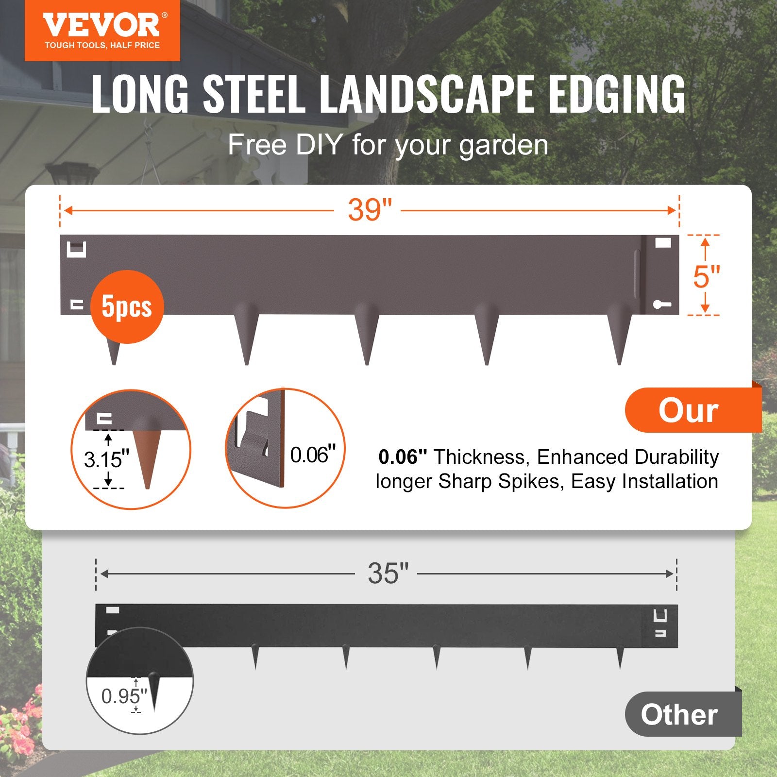 Garden Ornaments: VEVOR Steel Landscape Edging, 5-pack Steel Garden Edging Borders, 39" L x 5" H Strips, Hammer-in Edging Border, Bendable Metal Landscape Edging for Yard, Garden, Lawn, 3.15" Spike Height, Rustic Brown