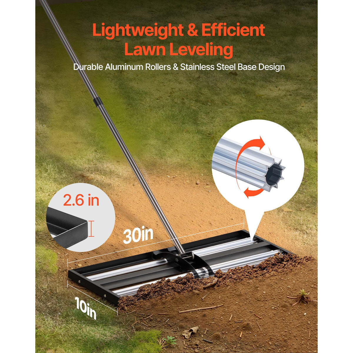 Updated Lawn Leveling Rake with Roller, 30" x 10" Stainless Steel Lawn Leveler with 83.9" Adjustable Handle, Heavy Duty Yard Leveling Rake, Effort Saving Lawn Leveling Tool for Yard Golf Court