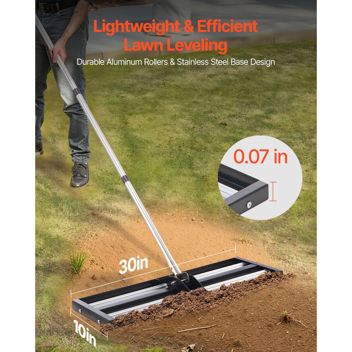 254 x 762 mm Lawn Leveling Rake with 2130 mm Adjustable Handle for Yard Garden