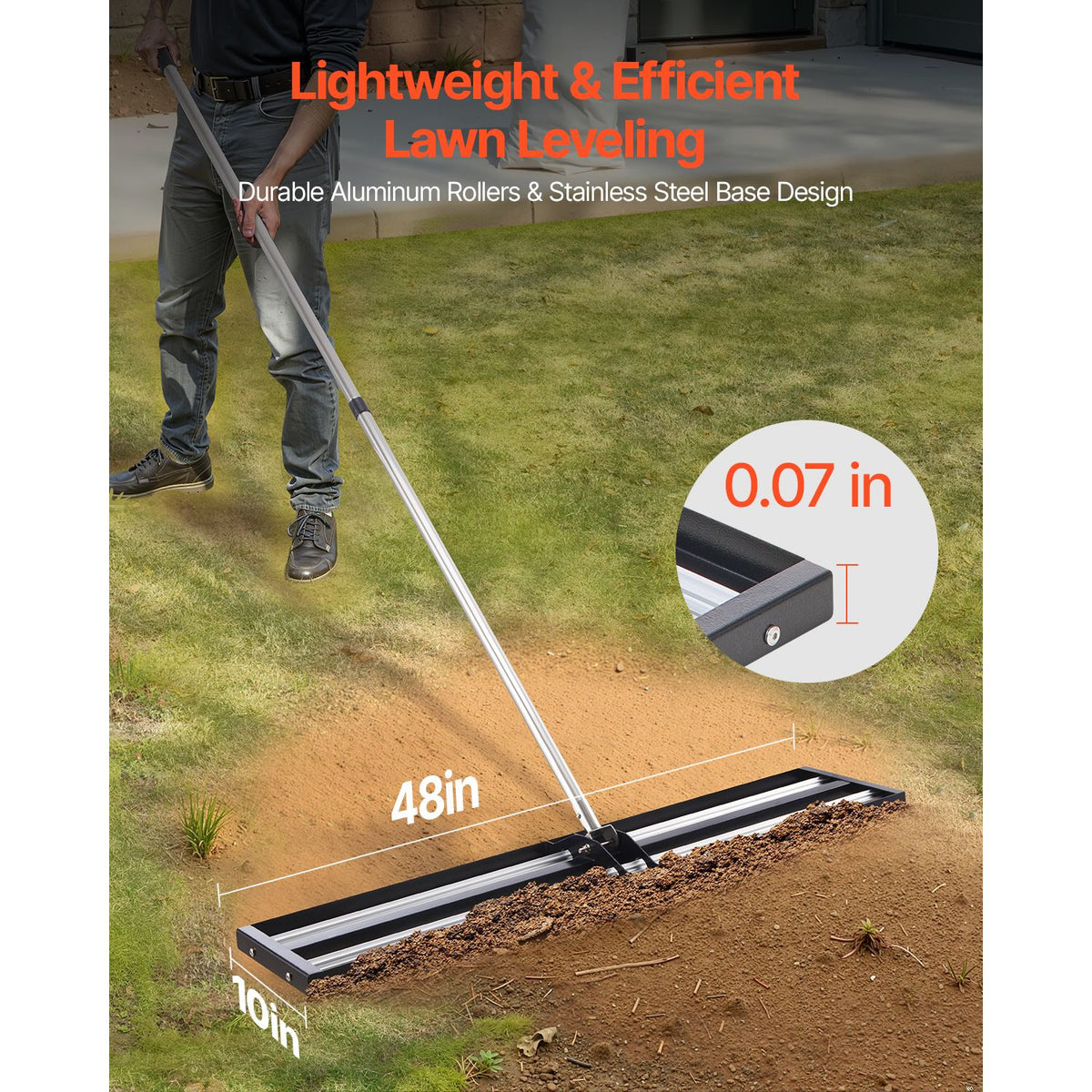254 x 1219 mm Lawn Leveling Rake with 2130 mm Adjustable Handle for Yard Garden