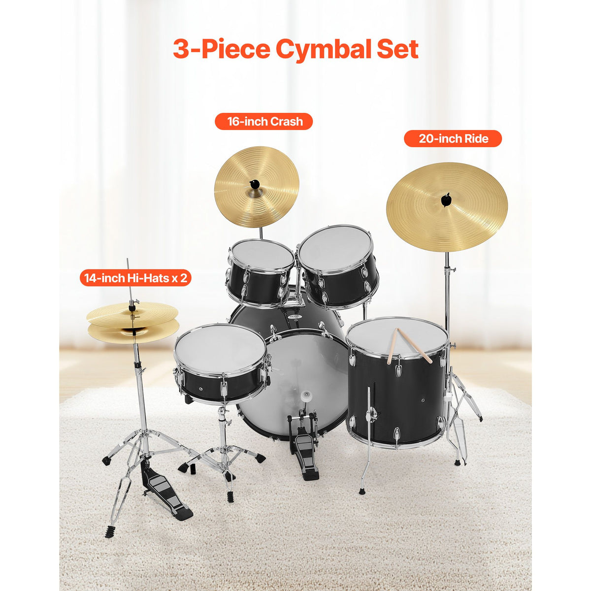 Cymbal Pack, 3 Pieces Cymbals for Drum Set, Alloy Cymbals Drum Set Includes 35.5 cm Hi-Hats, 40 cm Crash, 50.5 cm Ride, Drumsticks & Cymbal Bag, Alloy Cymbal Pack for Drummer, Bright Copper