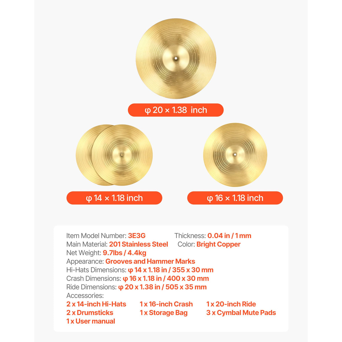 Cymbal Pack, 3 Pieces Cymbals for Drum Set, Alloy Cymbals Drum Set Includes 35.5 cm Hi-Hats, 40 cm Crash, 50.5 cm Ride, Drumsticks & Cymbal Bag, Alloy Cymbal Pack for Drummer, Bright Copper