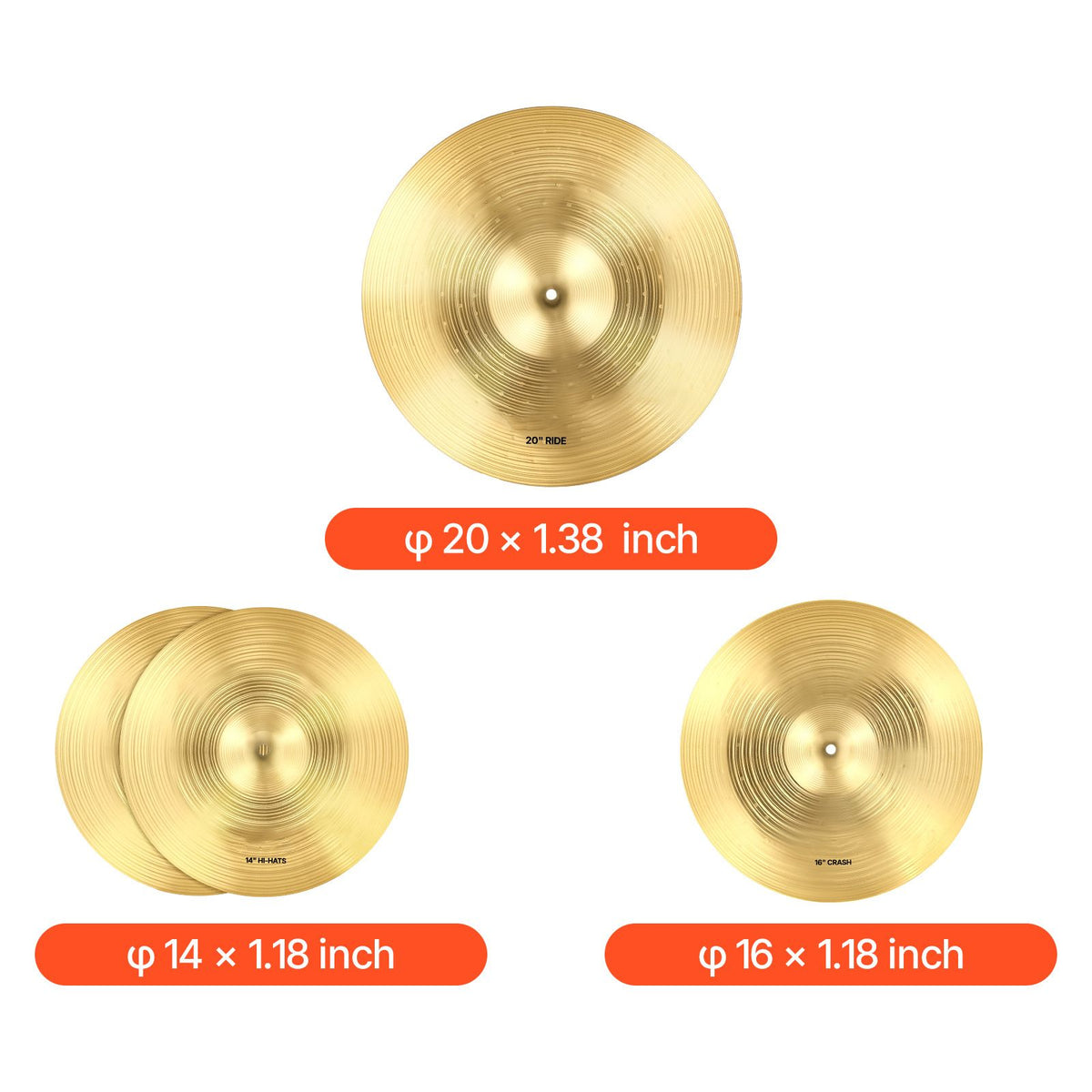Cymbal Pack, 3 Pieces Cymbals for Drum Set, Alloy Cymbals Drum Set Includes 35.5 cm Hi-Hats, 40 cm Crash, 50.5 cm Ride, Drumsticks & Cymbal Bag, Alloy Cymbal Pack for Drummer, Bright Copper