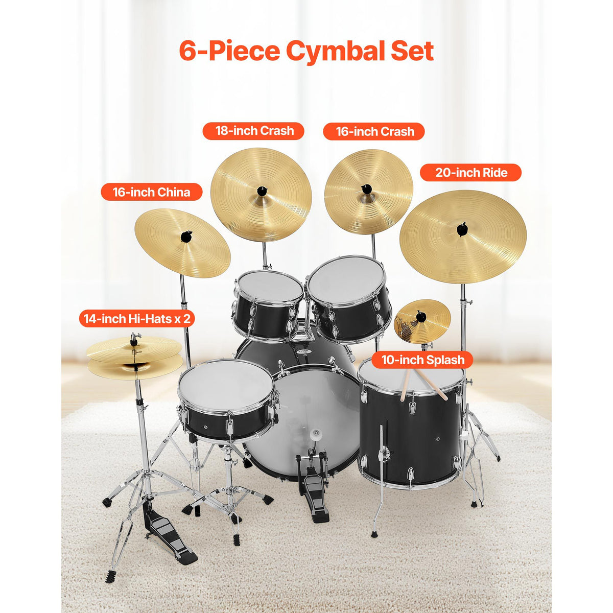 Cymbal Pack, 6 Pieces Cymbals for Drum Set, Alloy Cymbals Drum Set Includes 35.5 cm Hi-Hats, 40 cm Crash, 45.5 cm Crash, 50.5 cm Ride, 25.4 cm Splash, 40 cm China, Drumsticks & Cymbal Bag