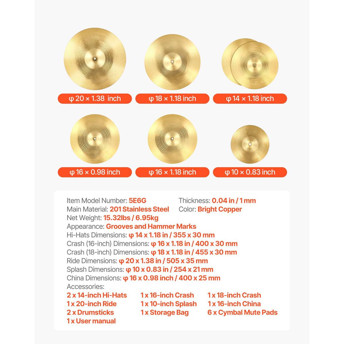 Cymbal Pack, 6 Pieces Cymbals for Drum Set, Alloy Cymbals Drum Set Includes 35.5 cm Hi-Hats, 40 cm Crash, 45.5 cm Crash, 50.5 cm Ride, 25.4 cm Splash, 40 cm China, Drumsticks & Cymbal Bag