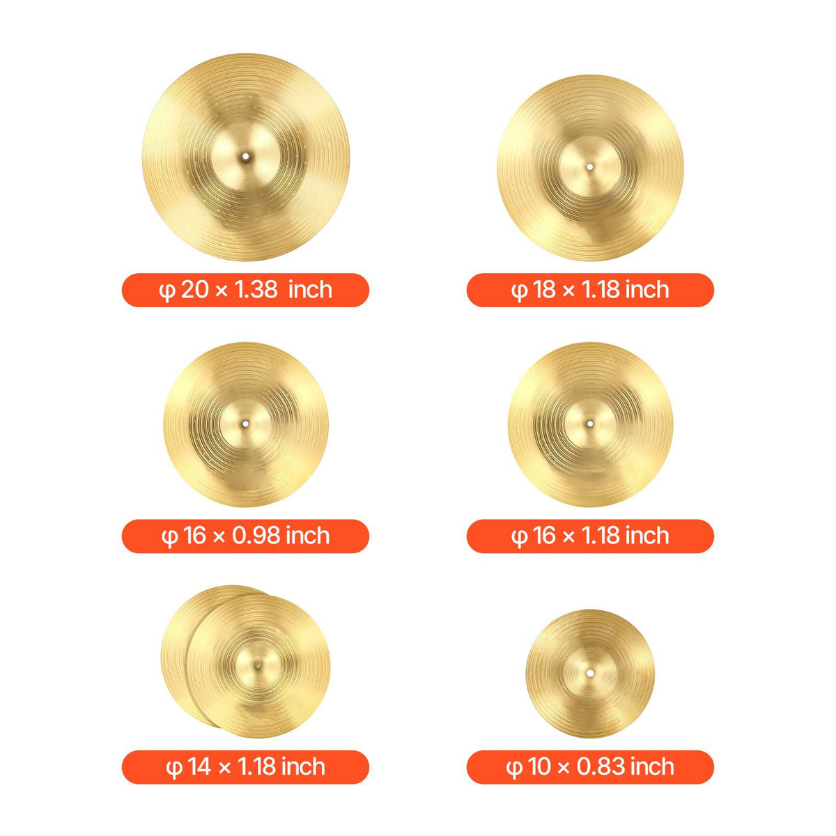 Cymbal Pack, 6 Pieces Cymbals for Drum Set, Alloy Cymbals Drum Set Includes 35.5 cm Hi-Hats, 40 cm Crash, 45.5 cm Crash, 50.5 cm Ride, 25.4 cm Splash, 40 cm China, Drumsticks & Cymbal Bag