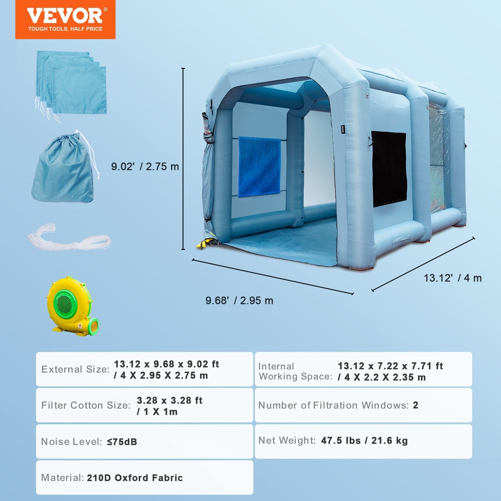 Automotive Repair & Speciality Tools: VEVOR Inflatable Spray Booth Car Paint Tent 13x10x9ft Filter System Blower 950W