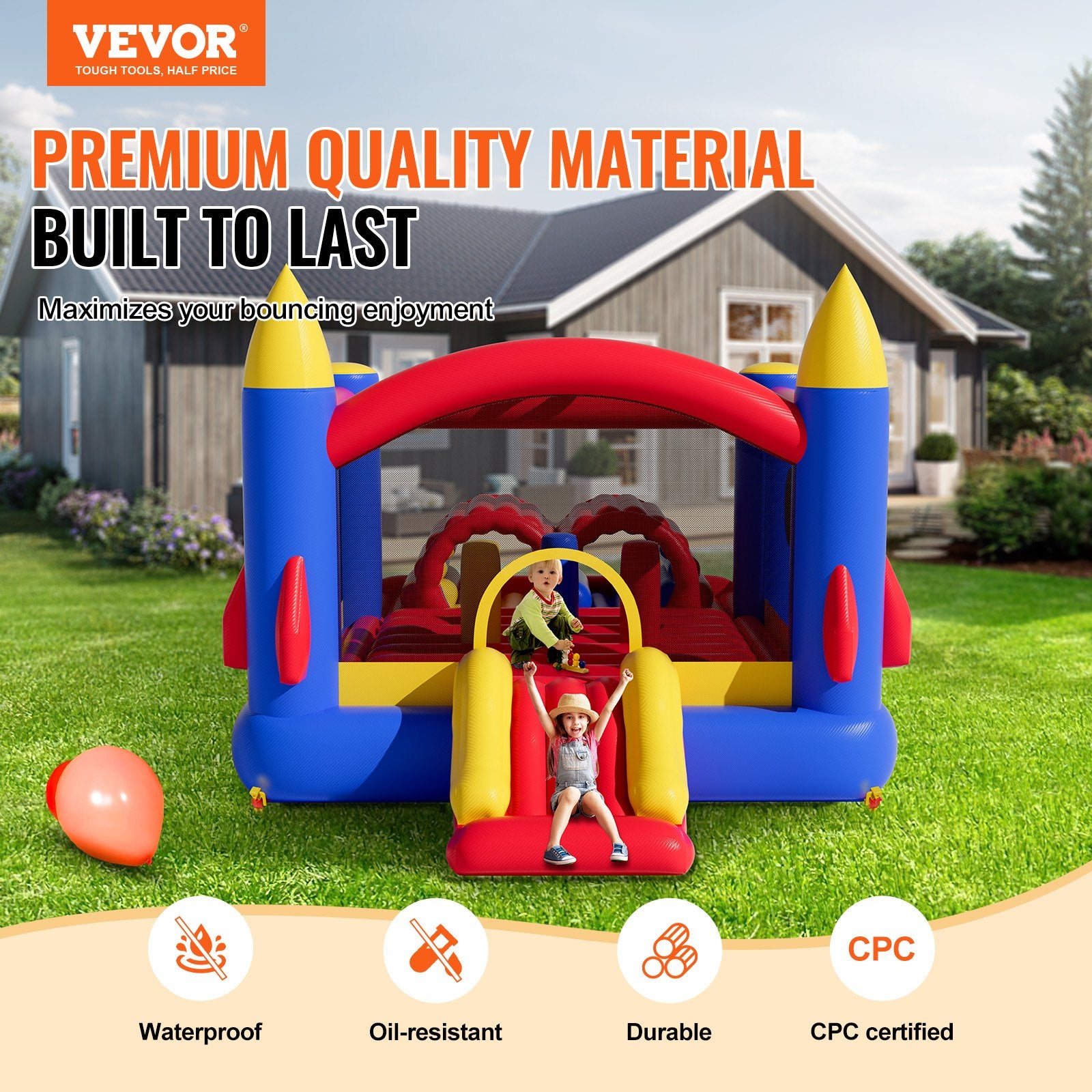 Inflatable Bounce House, Outdoor High Quality Playhouse Trampoline, Jumping Bouncer with Blower, Slide, and Storage Bag, Family Backyard Bouncy Castle, for Kid Ages 3_8 Years, 4.0x2.4x2.4m