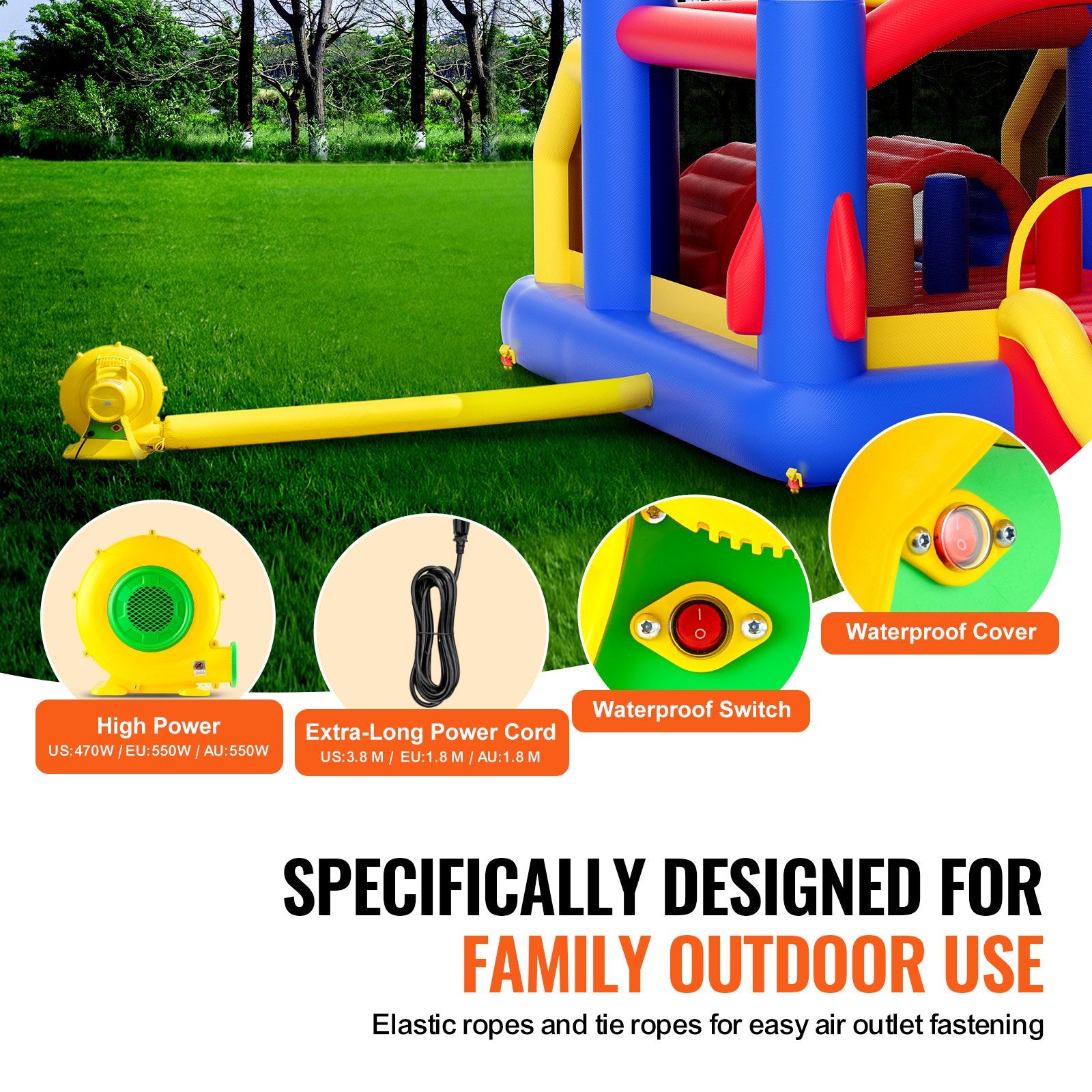 Inflatable Bounce House, Outdoor High Quality Playhouse Trampoline, Jumping Bouncer with Blower, Slide, and Storage Bag, Family Backyard Bouncy Castle, for Kid Ages 3_8 Years, 4.0x2.4x2.4m