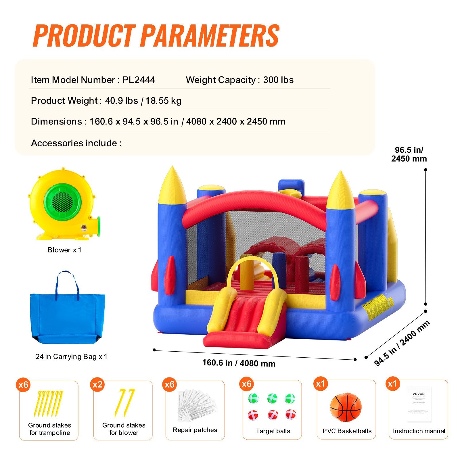 Inflatable Bounce House, Outdoor High Quality Playhouse Trampoline, Jumping Bouncer with Blower, Slide, and Storage Bag, Family Backyard Bouncy Castle, for Kid Ages 3_8 Years, 4.0x2.4x2.4m