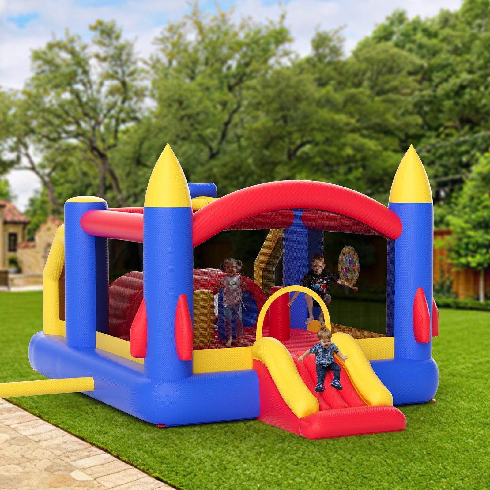 Inflatable Bounce House, Outdoor High Quality Playhouse Trampoline, Jumping Bouncer with Blower, Slide, and Storage Bag, Family Backyard Bouncy Castle, for Kid Ages 3_8 Years, 4.0x2.4x2.4m