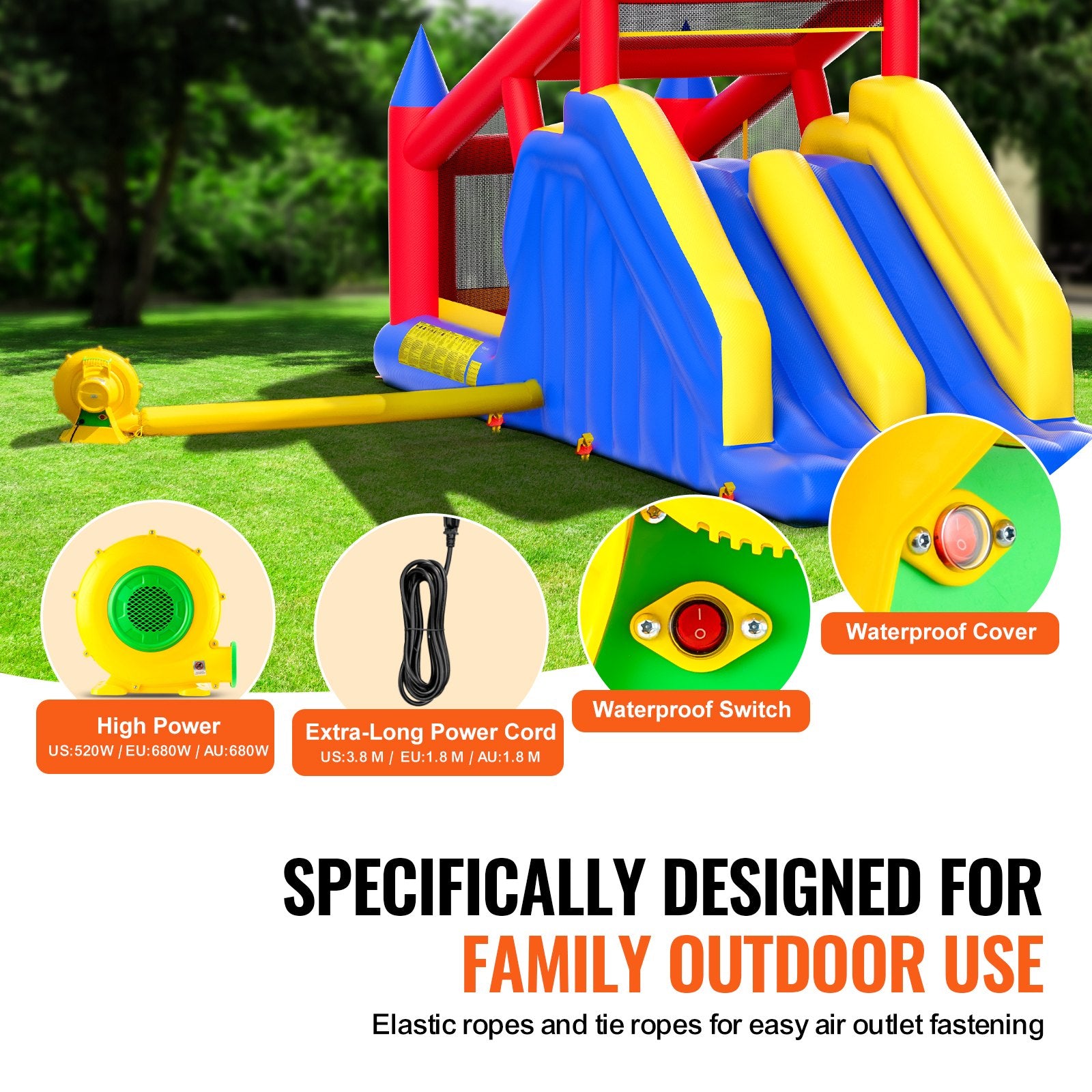 Inflatable Bounce House, Outdoor High Quality Playhouse Trampoline, Jumping Bouncer with Blower, Slide, and Storage Bag, Family Backyard Bouncy Castle, for Kid Ages 3_8 Years, 4.6x2.6x2.3m