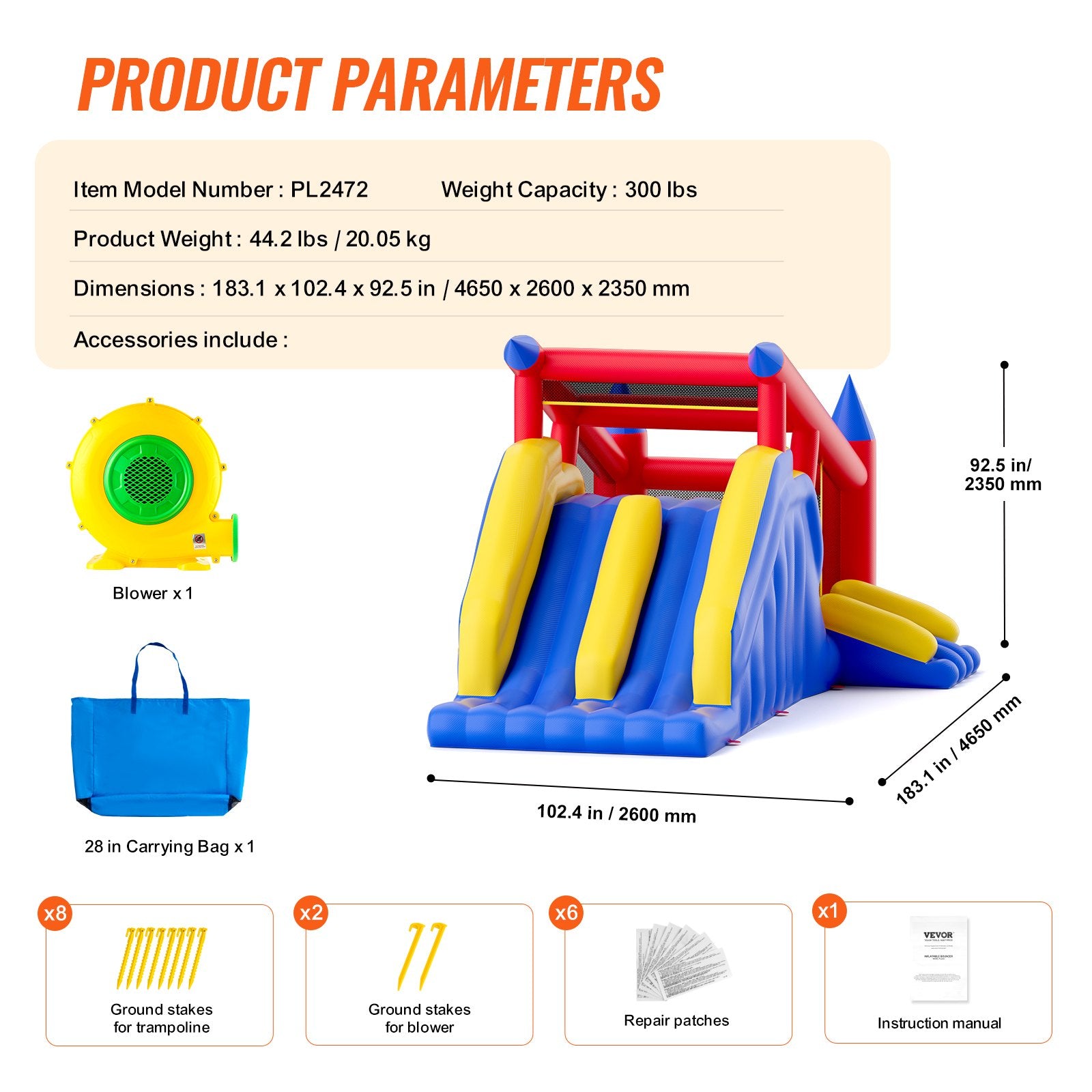 Inflatable Bounce House, Outdoor High Quality Playhouse Trampoline, Jumping Bouncer with Blower, Slide, and Storage Bag, Family Backyard Bouncy Castle, for Kid Ages 3_8 Years, 4.6x2.6x2.3m