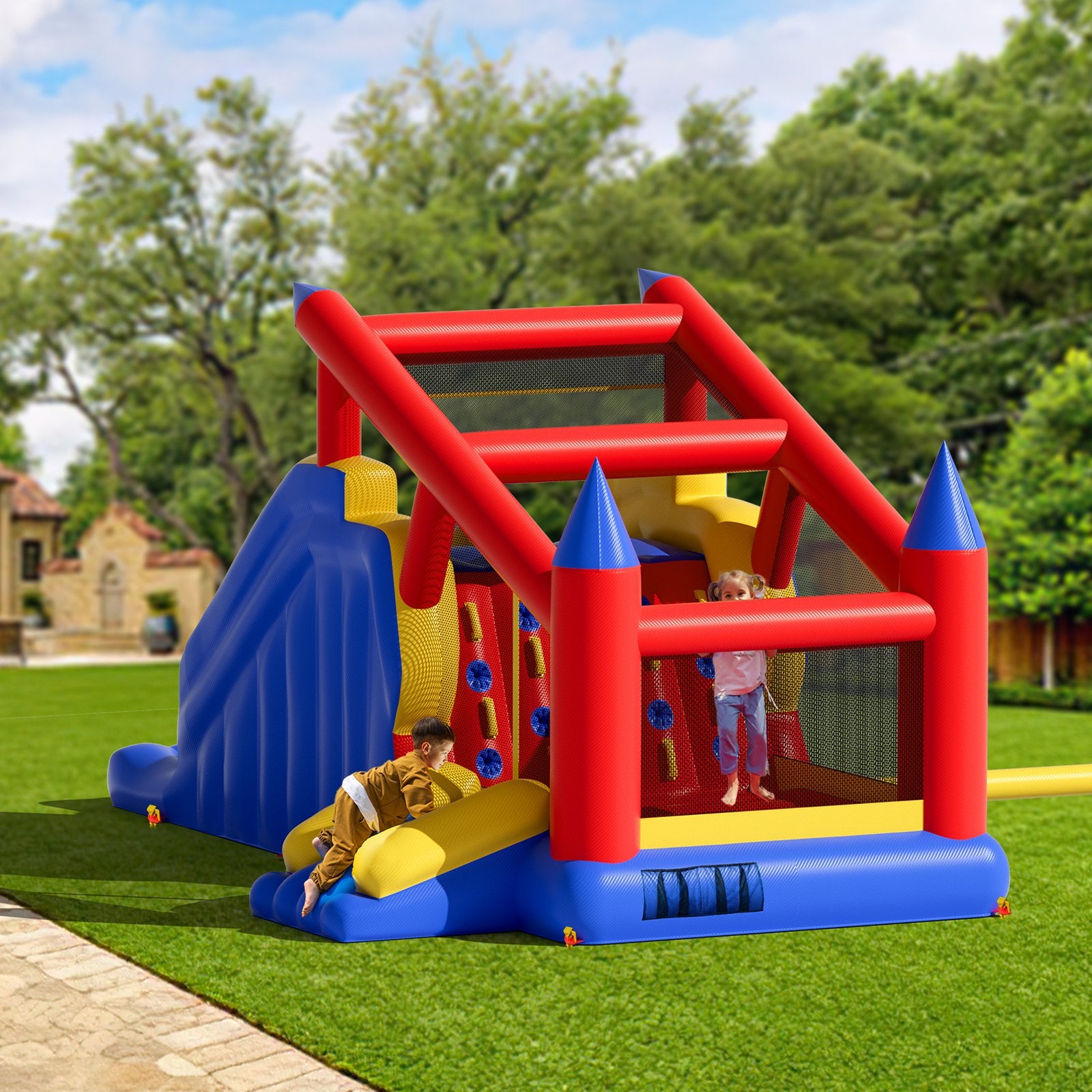 Inflatable Bounce House, Outdoor High Quality Playhouse Trampoline, Jumping Bouncer with Blower, Slide, and Storage Bag, Family Backyard Bouncy Castle, for Kid Ages 3_8 Years, 4.6x2.6x2.3m