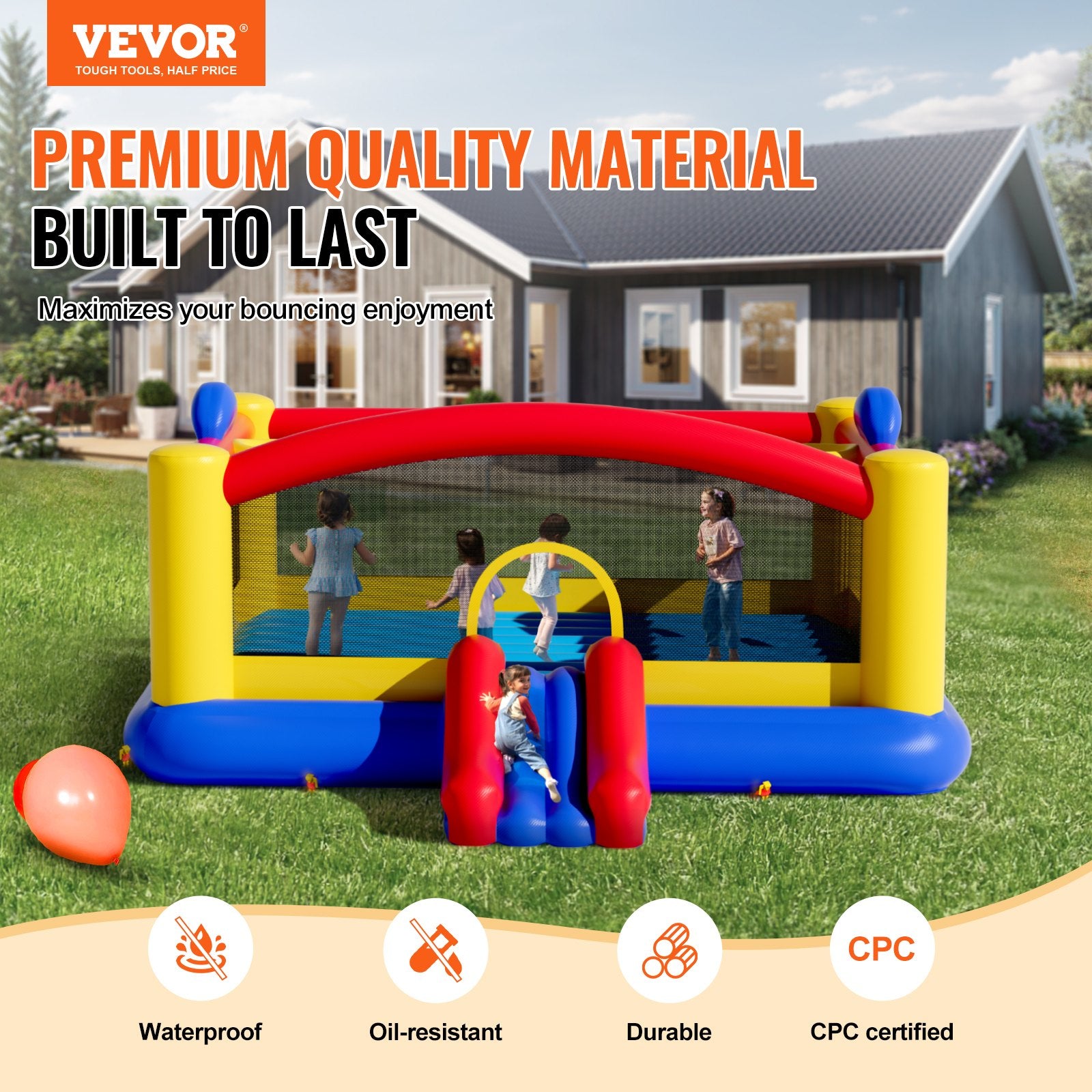 Inflatable Bounce House, Outdoor High Quality Playhouse Trampoline, Jumping Bouncer with Blower, Slide, and Storage Bag, Family Backyard Bouncy Castle, for Kid Ages 3_10 Years, 4.5x4.4x2m
