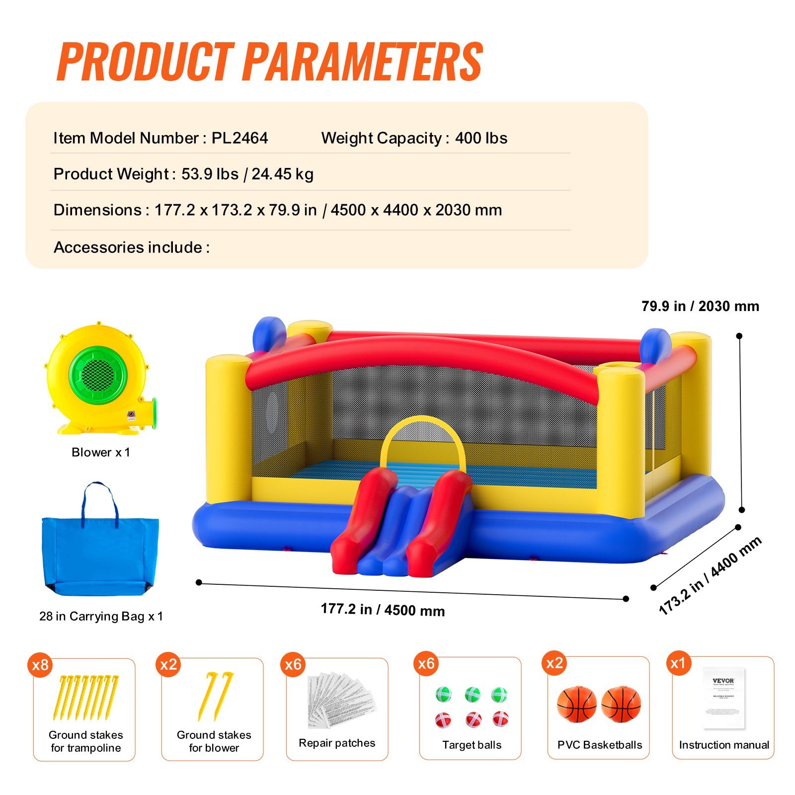 Inflatable Bounce House, Outdoor High Quality Playhouse Trampoline, Jumping Bouncer with Blower, Slide, and Storage Bag, Family Backyard Bouncy Castle, for Kid Ages 3_10 Years, 4.5x4.4x2m