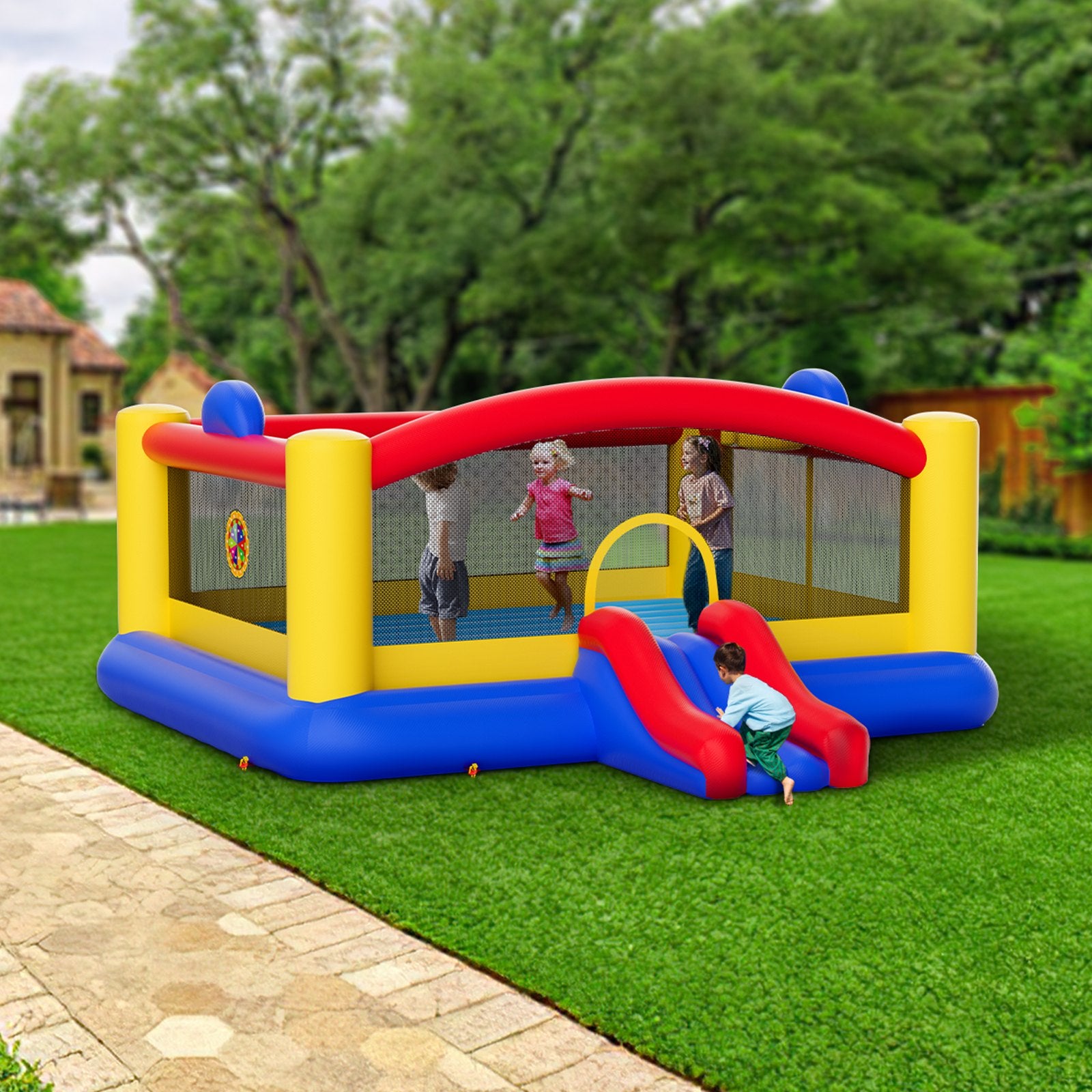 Inflatable Bounce House, Outdoor High Quality Playhouse Trampoline, Jumping Bouncer with Blower, Slide, and Storage Bag, Family Backyard Bouncy Castle, for Kid Ages 3_10 Years, 4.5x4.4x2m