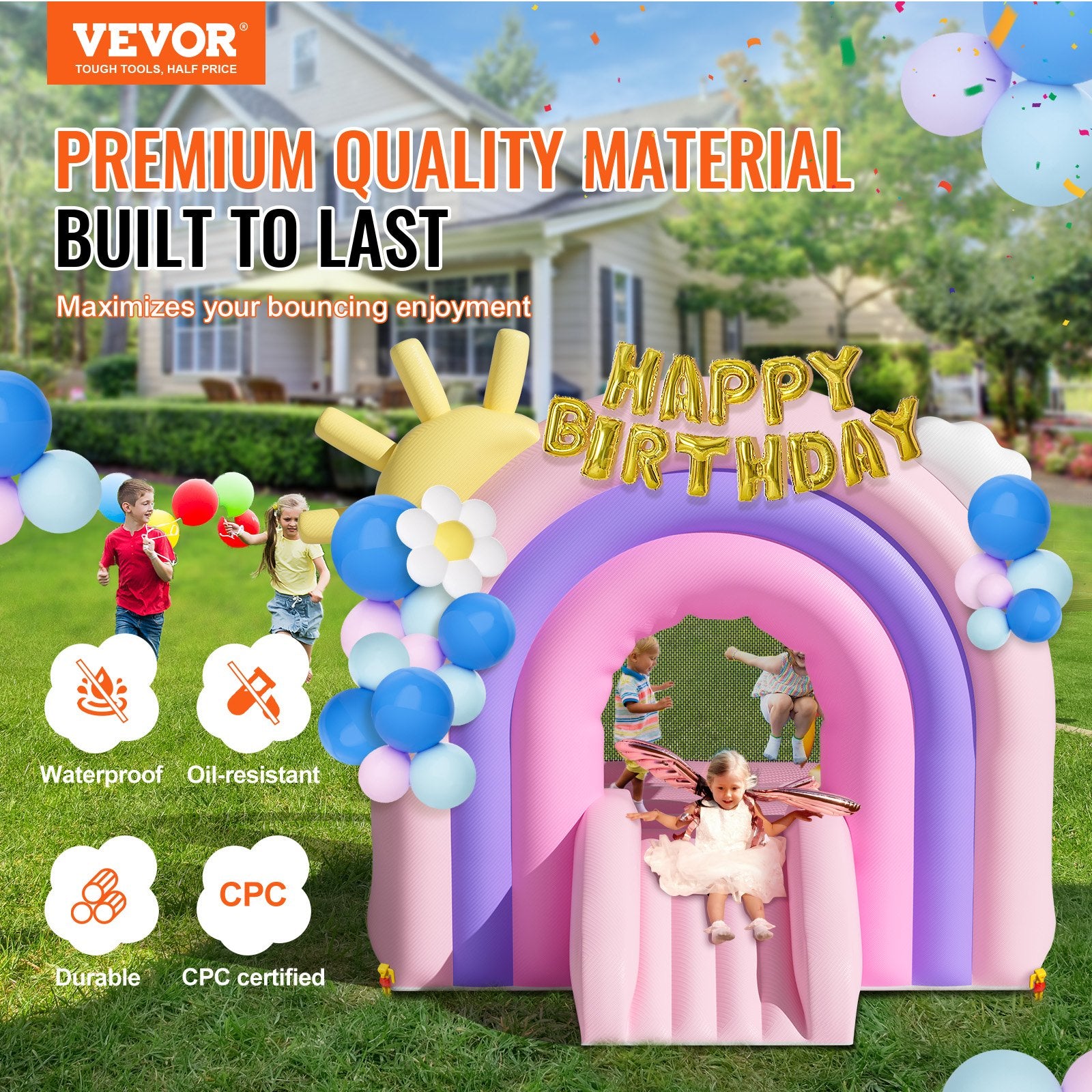 Outdoor Play Equipment: VEVOR Inflatable Bounce House, Indoor Outdoor Playhouse Trampoline, Kid Jumping Bouncer with Blower, Slide, Storage Bag, Family Backyard Bouncy Castle, for Girls Boys Ages 3_8 Years, 2.8x2.3x2.3m