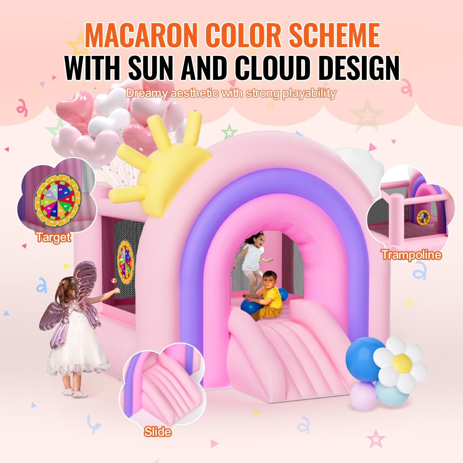 Outdoor Play Equipment: VEVOR Inflatable Bounce House, Indoor Outdoor Playhouse Trampoline, Kid Jumping Bouncer with Blower, Slide, Storage Bag, Family Backyard Bouncy Castle, for Girls Boys Ages 3_8 Years, 2.8x2.3x2.3m
