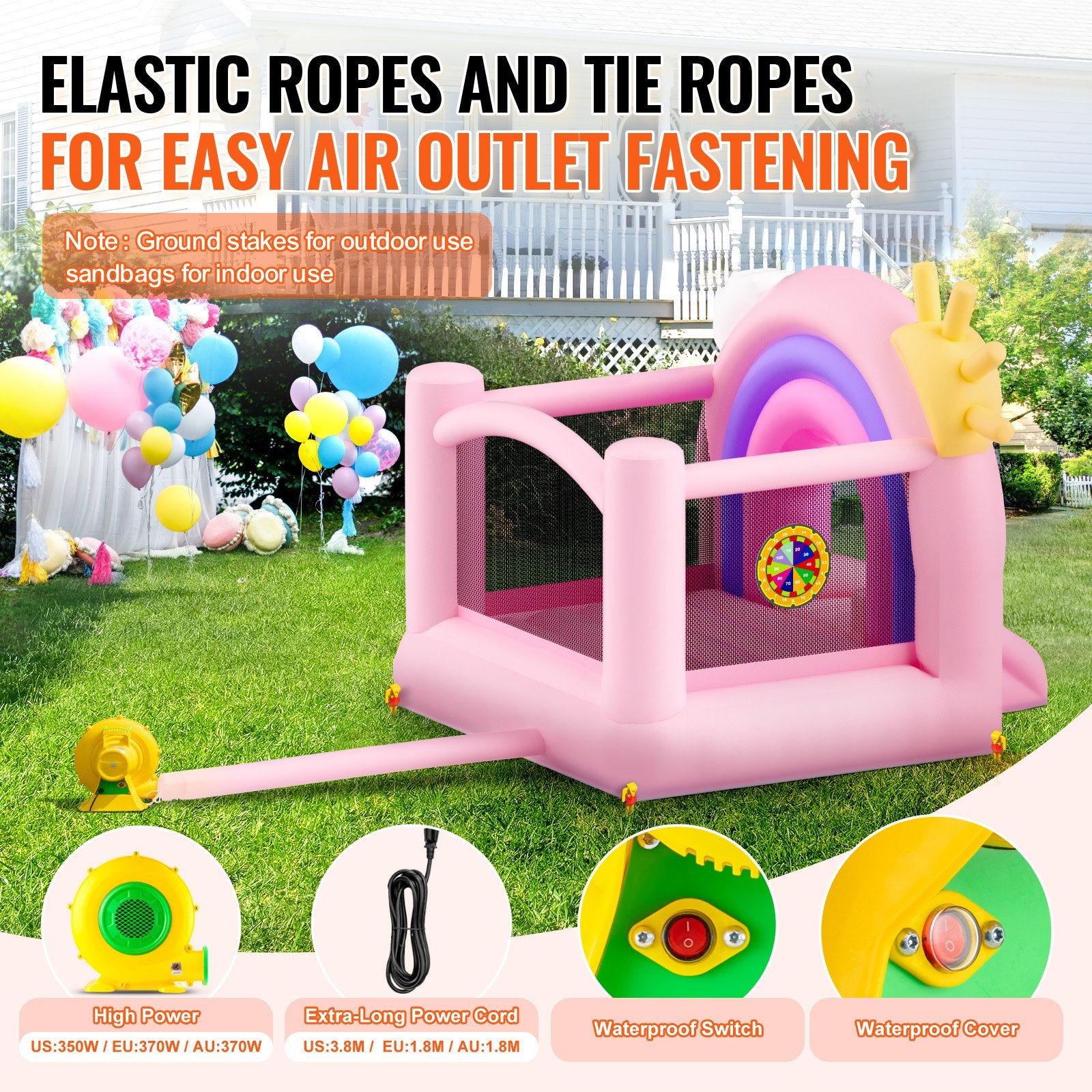 Outdoor Play Equipment: VEVOR Inflatable Bounce House, Indoor Outdoor Playhouse Trampoline, Kid Jumping Bouncer with Blower, Slide, Storage Bag, Family Backyard Bouncy Castle, for Girls Boys Ages 3_8 Years, 2.8x2.3x2.3m