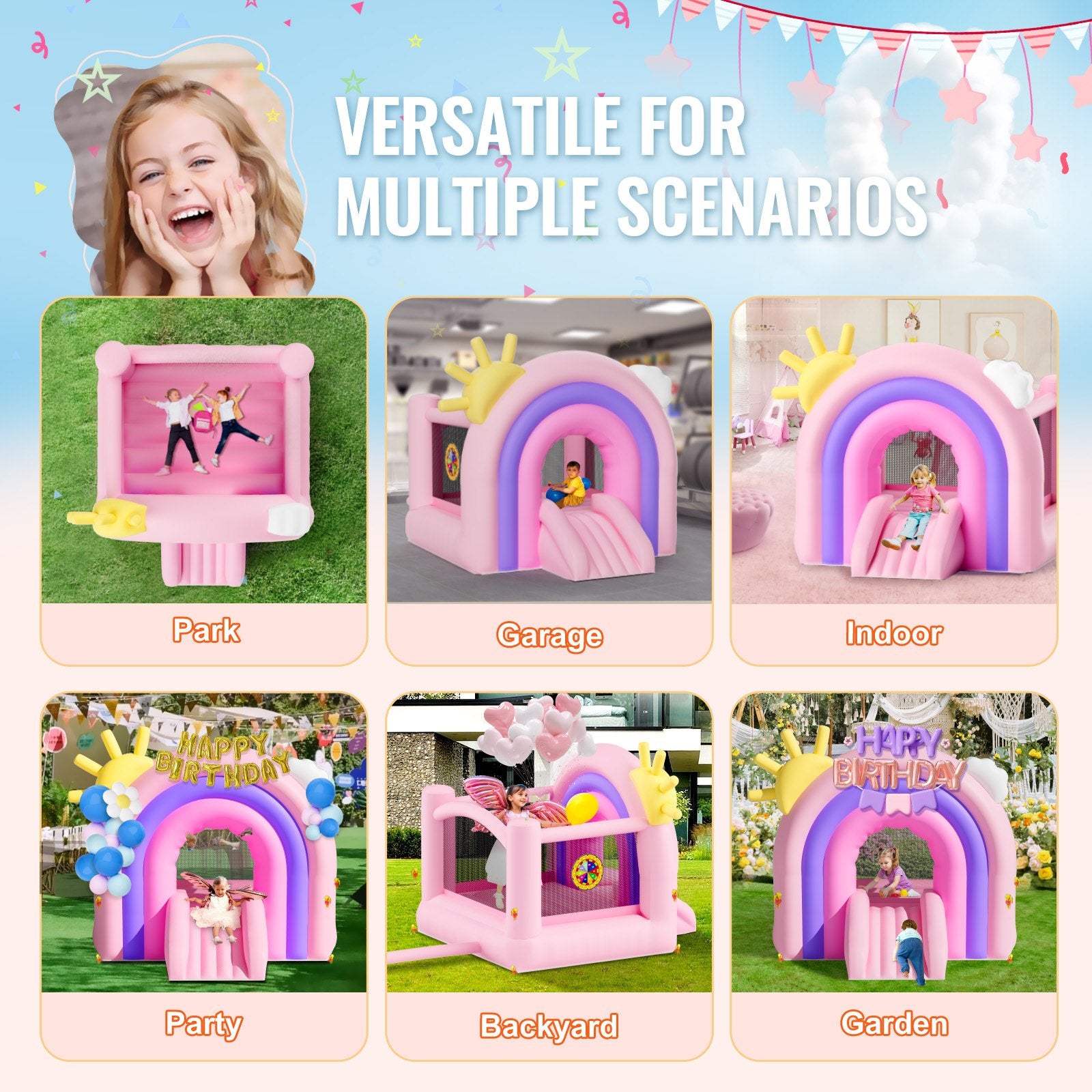Outdoor Play Equipment: VEVOR Inflatable Bounce House, Indoor Outdoor Playhouse Trampoline, Kid Jumping Bouncer with Blower, Slide, Storage Bag, Family Backyard Bouncy Castle, for Girls Boys Ages 3_8 Years, 2.8x2.3x2.3m