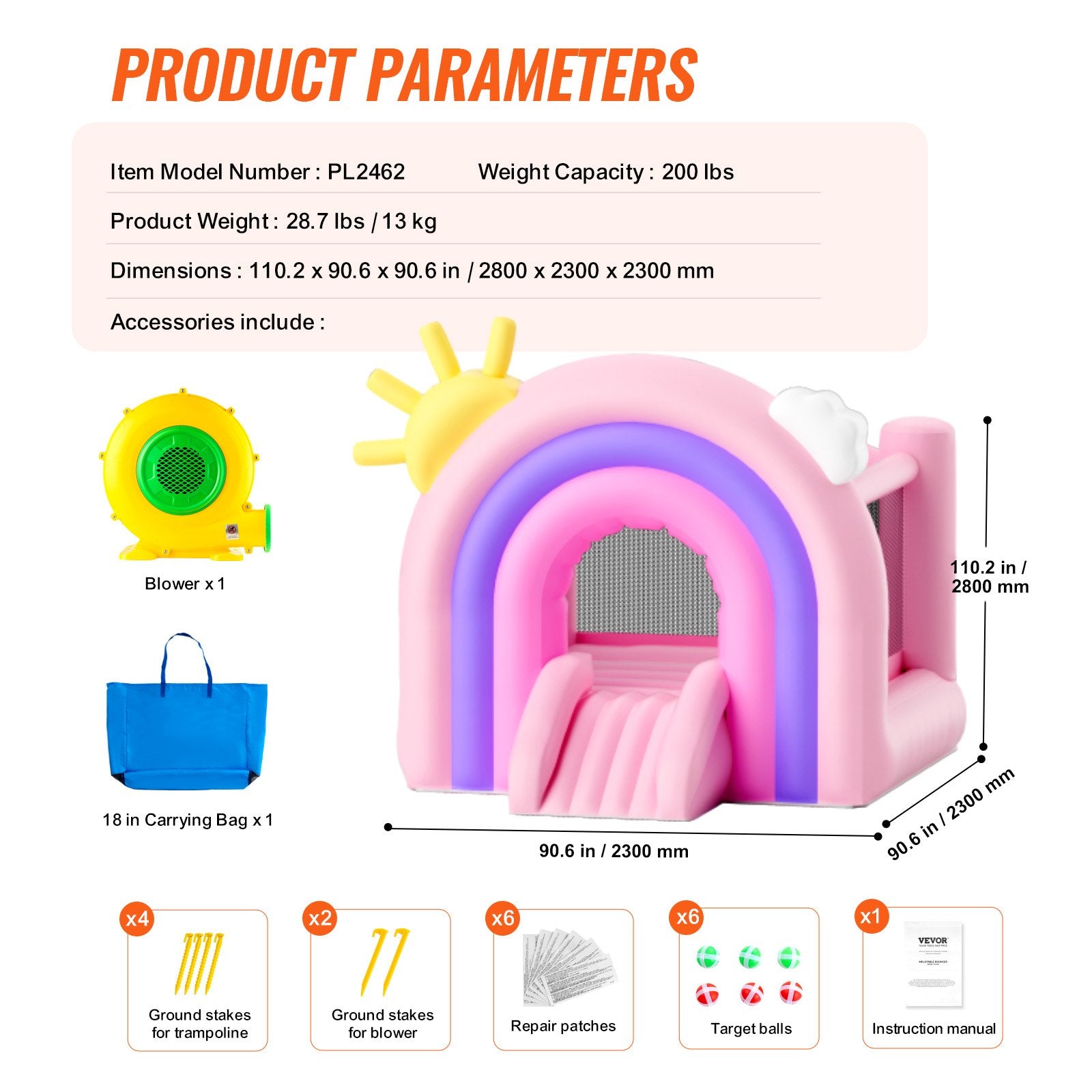 Outdoor Play Equipment: VEVOR Inflatable Bounce House, Indoor Outdoor Playhouse Trampoline, Kid Jumping Bouncer with Blower, Slide, Storage Bag, Family Backyard Bouncy Castle, for Girls Boys Ages 3_8 Years, 2.8x2.3x2.3m