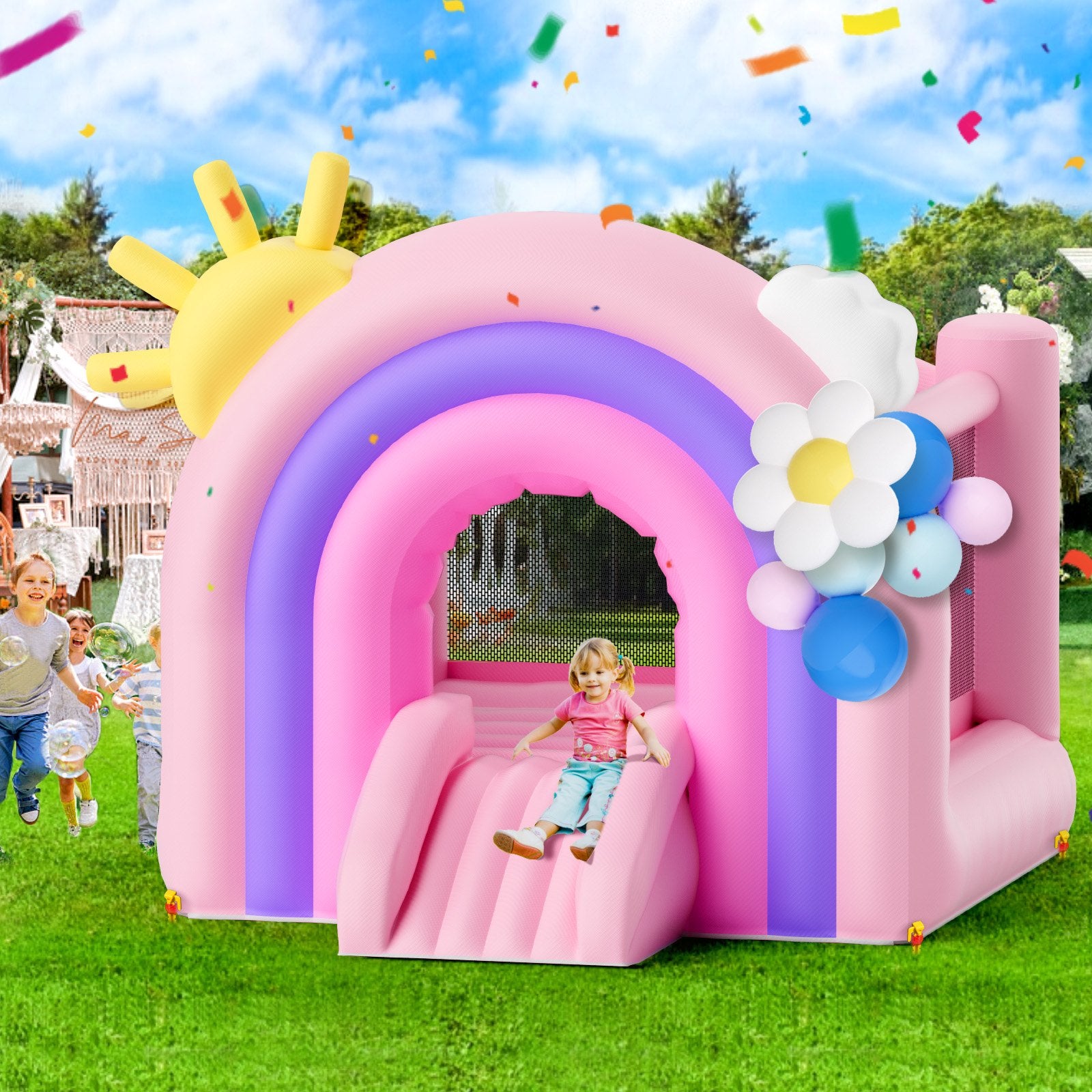 Outdoor Play Equipment: VEVOR Inflatable Bounce House, Indoor Outdoor Playhouse Trampoline, Kid Jumping Bouncer with Blower, Slide, Storage Bag, Family Backyard Bouncy Castle, for Girls Boys Ages 3_8 Years, 2.8x2.3x2.3m