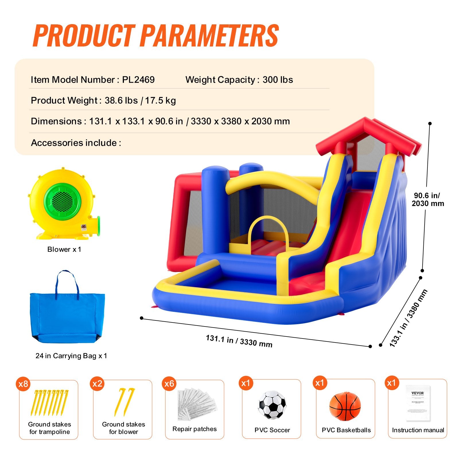 Inflatable Bounce House, Outdoor High Quality Playhouse Trampoline, Jumping Bouncer with Blower, Slide, and Storage Bag, Family Backyard Bouncy Castle, for Kid Ages 3_8 Years, 3.3x3x2.3m