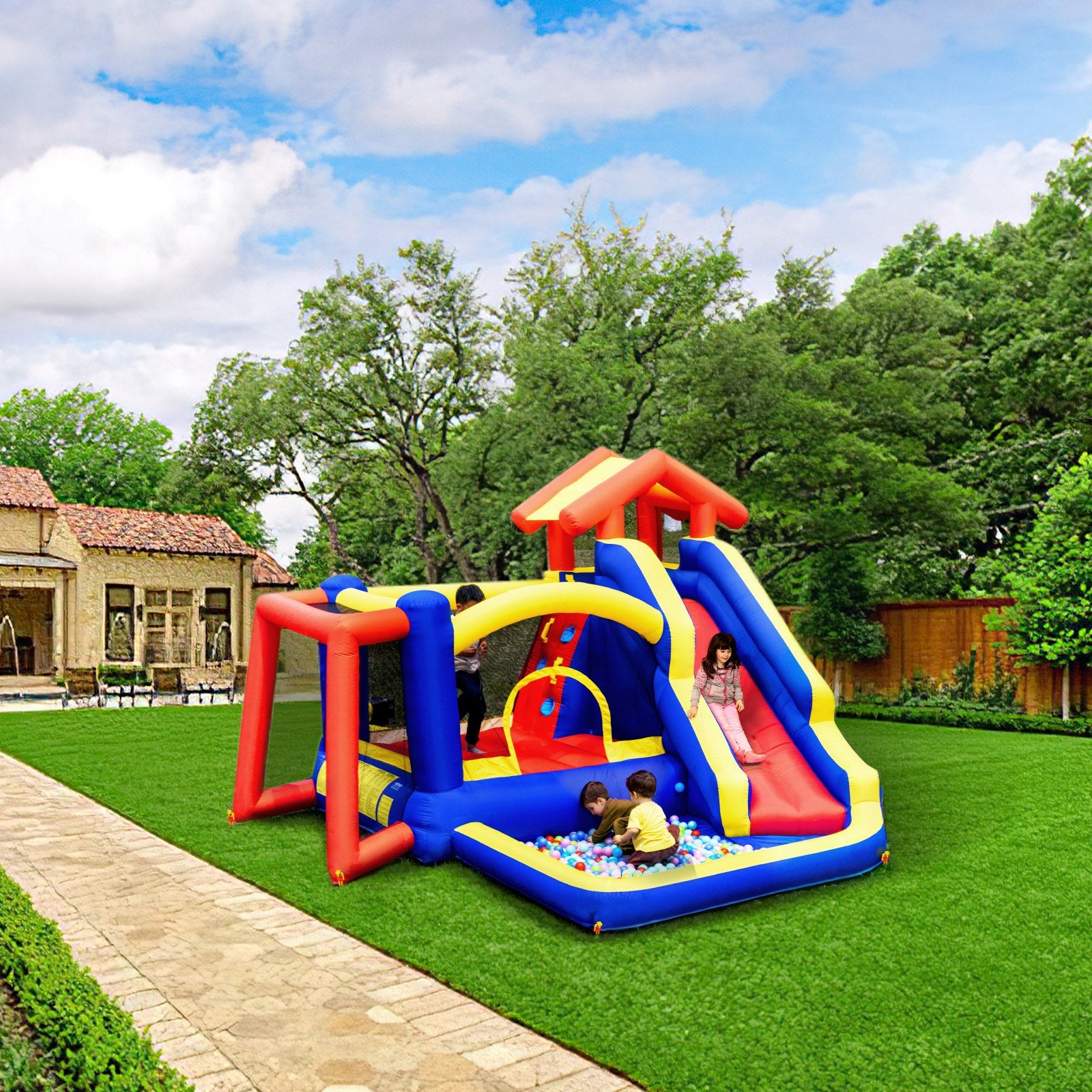 Inflatable Bounce House, Outdoor High Quality Playhouse Trampoline, Jumping Bouncer with Blower, Slide, and Storage Bag, Family Backyard Bouncy Castle, for Kid Ages 3_8 Years, 3.3x3x2.3m